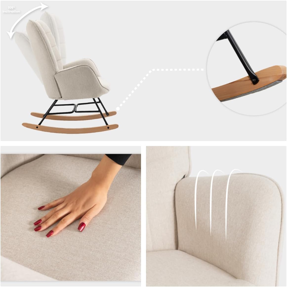 Thumbnail 3 de MEUBLE COSY rocking chair for nursery, nursing & reading – beige fabric with metal legs and wood base