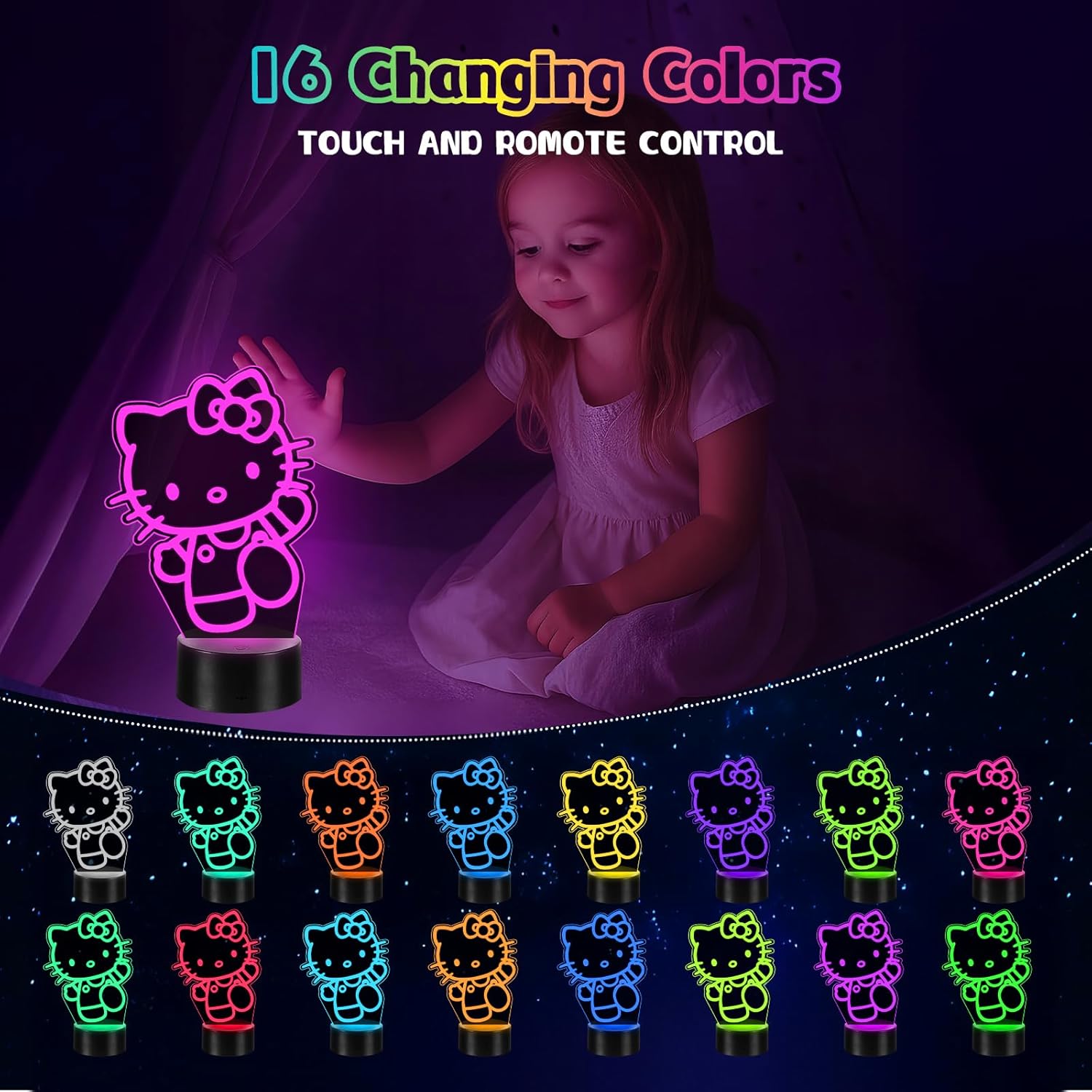 Detalle 2 de Dagydali 2-en-1 Kitty Veilleuse 3D LED pour enfants — 16 couleurs et télécommande