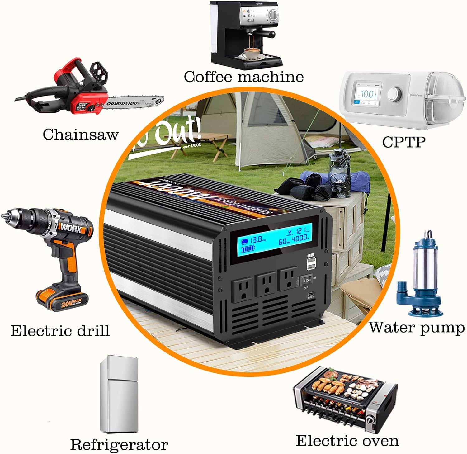 Detalle de JARXIOKE 4000W Power Inverter: 12V DC to 110/120V AC for RV, Off-Grid, and Travel