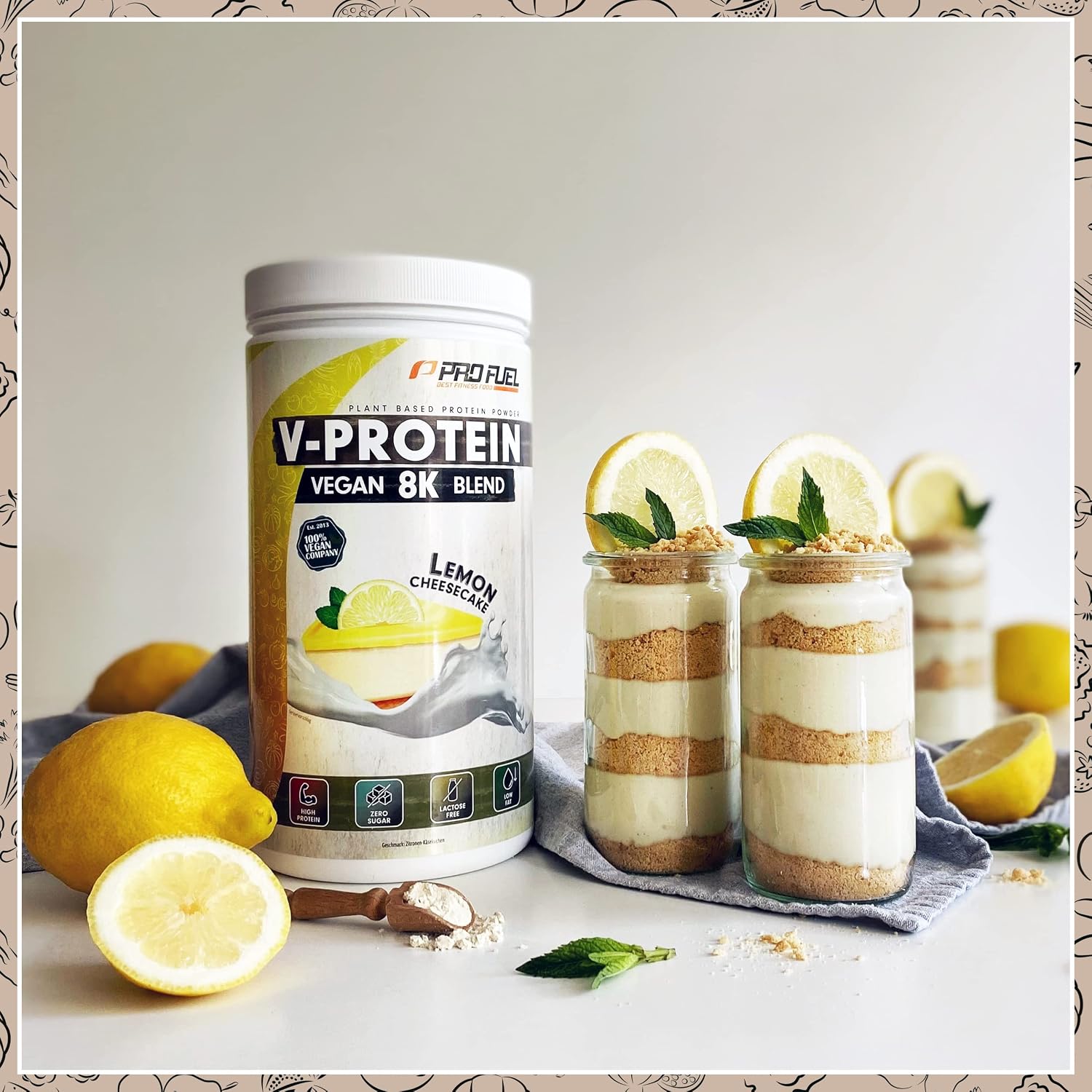 Detalle 2 de Vegan Protein „ZITRONE KÄSEKUCHEN“ – V-Protein 8K Blend mit 79% Eiweiß
