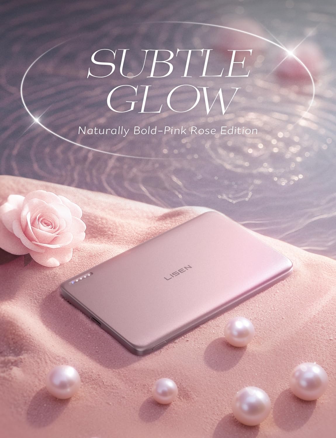 Detalle de LISEN Qi2 15W Ultra Slim Magnetic Power Bank, 5,000mAh, Pink