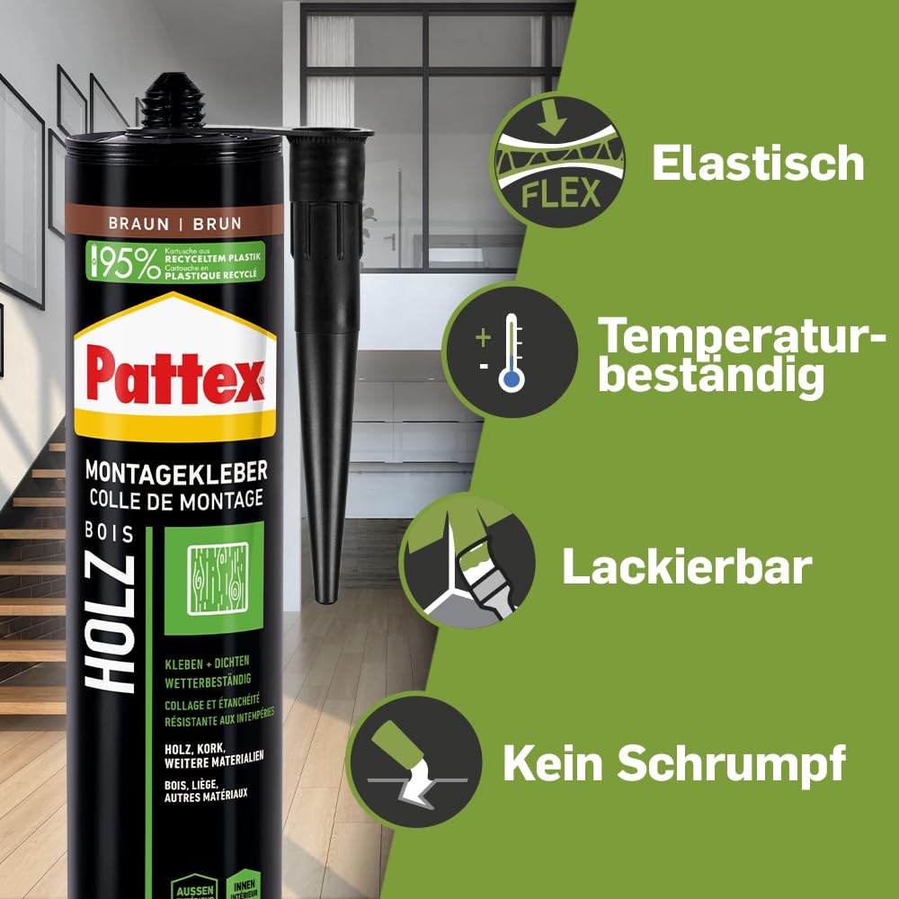 Thumbnail 2 de Pattex Montage Holz (FlexTec), brauner Montagekleber für Holz und Holzwerkstoffe – wetterbeständig, 1x420 g Kartusche