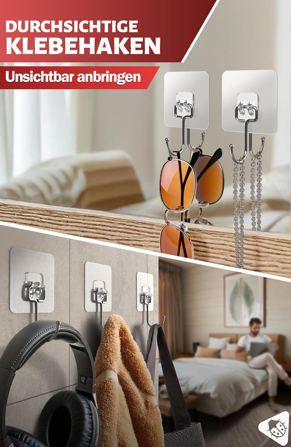 Thumbnail 4 de Menz Klebehaken extra stark (15 kg), 10er-Set – transparente, selbstklebende Haken mit 180° Drehfunktion