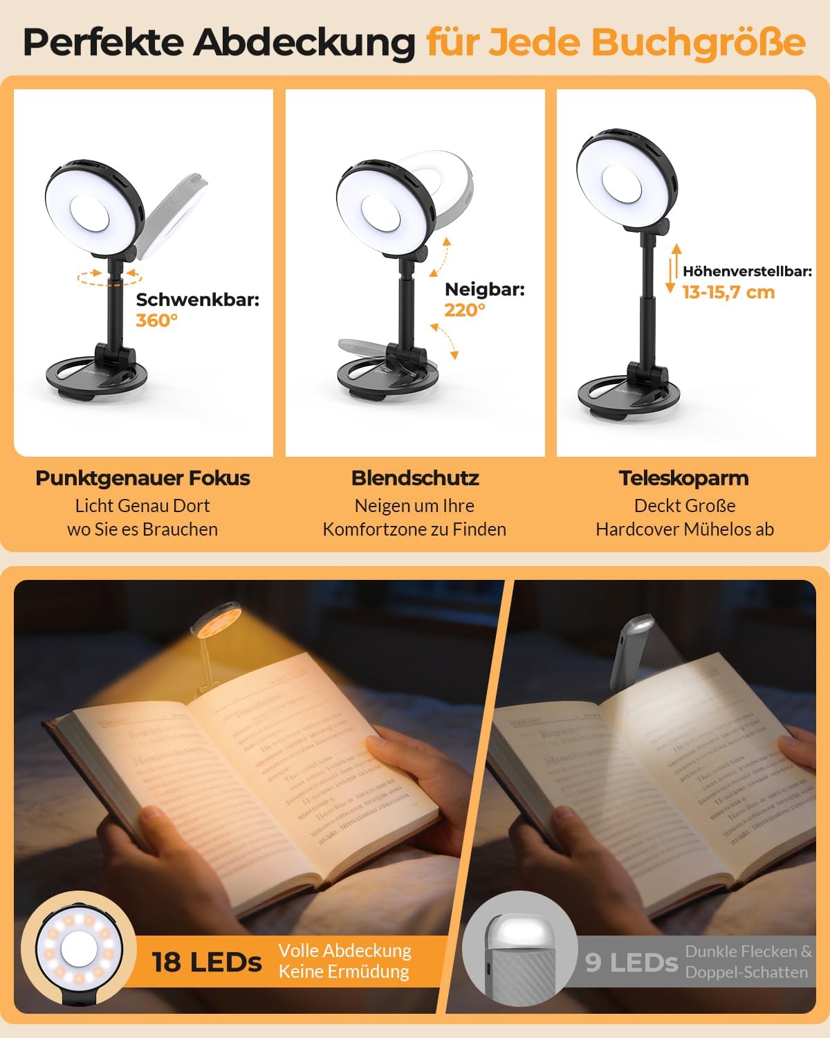 Detalle 2 de EastPin Leselampe Buch Klemme Bettlampe: 18 LEDs, 3 Farbtemperaturen, wiederaufladbar