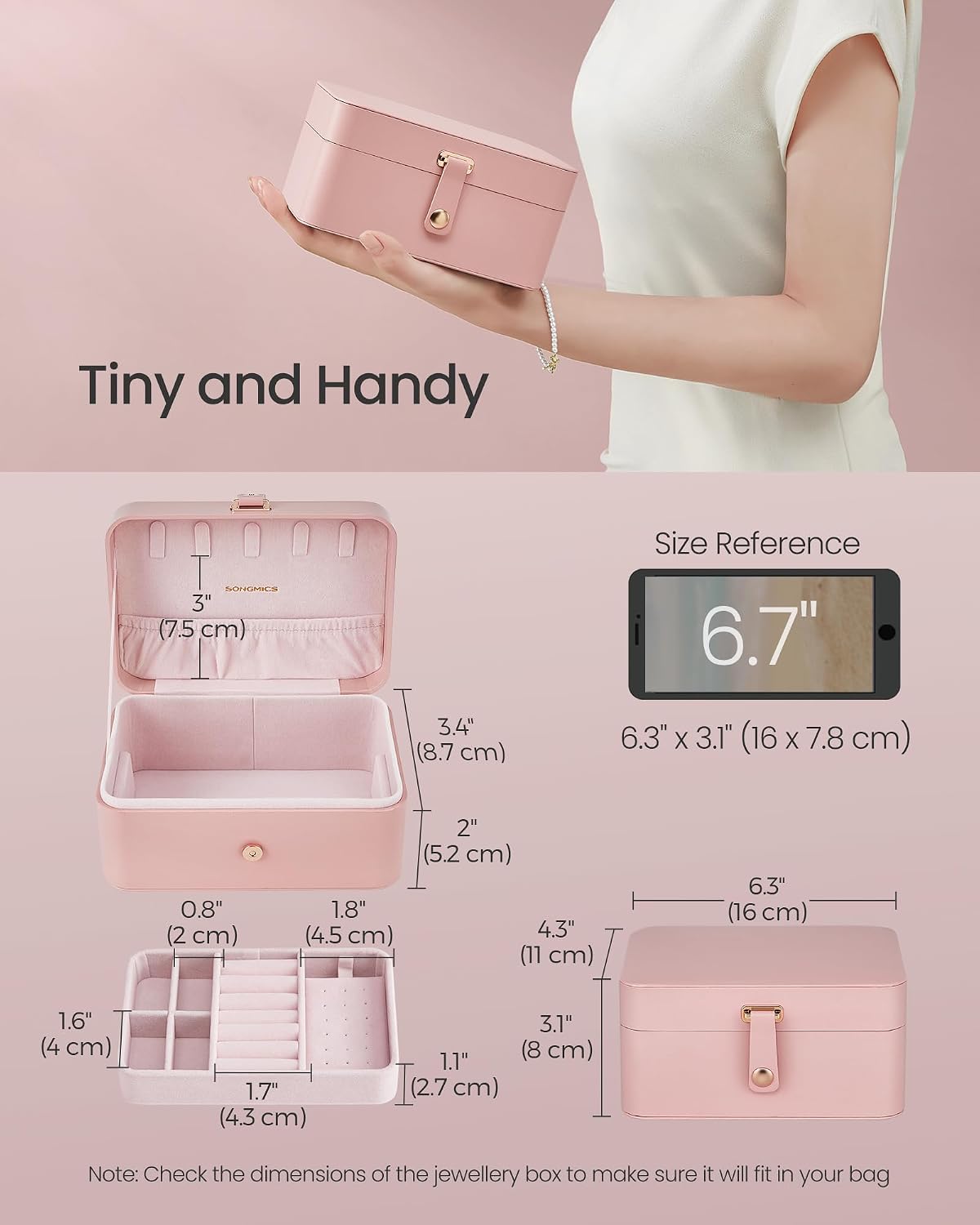 Detalle de SONGMICS GISELLA JBC166R01 Jewellery Box, 2-Tier Travel Case, Jelly Pink