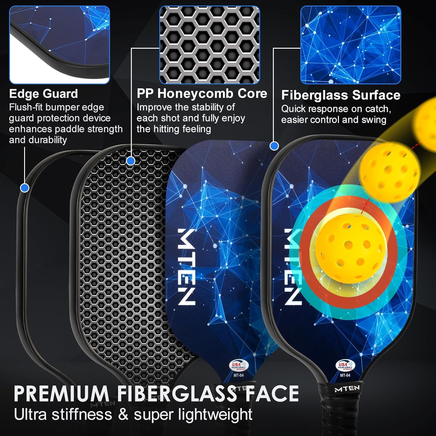 Thumbnail 2 de Pickleball Paddles Set (2-Pack or Single) – USAPA Approved Fiberglass Surface Rackets with Polypropylene Core