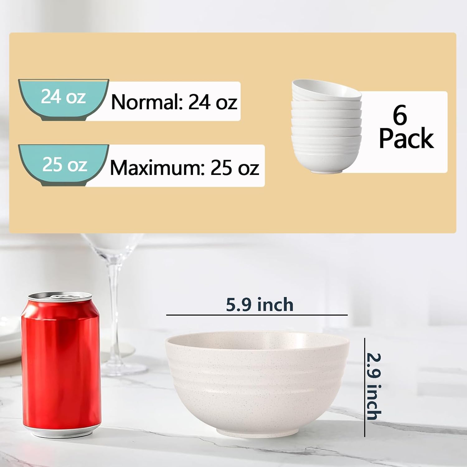 Detalle de Homestockplus 25 oz Wheat Straw Bowls, Set of 6, Microwave and Dishwasher Safe