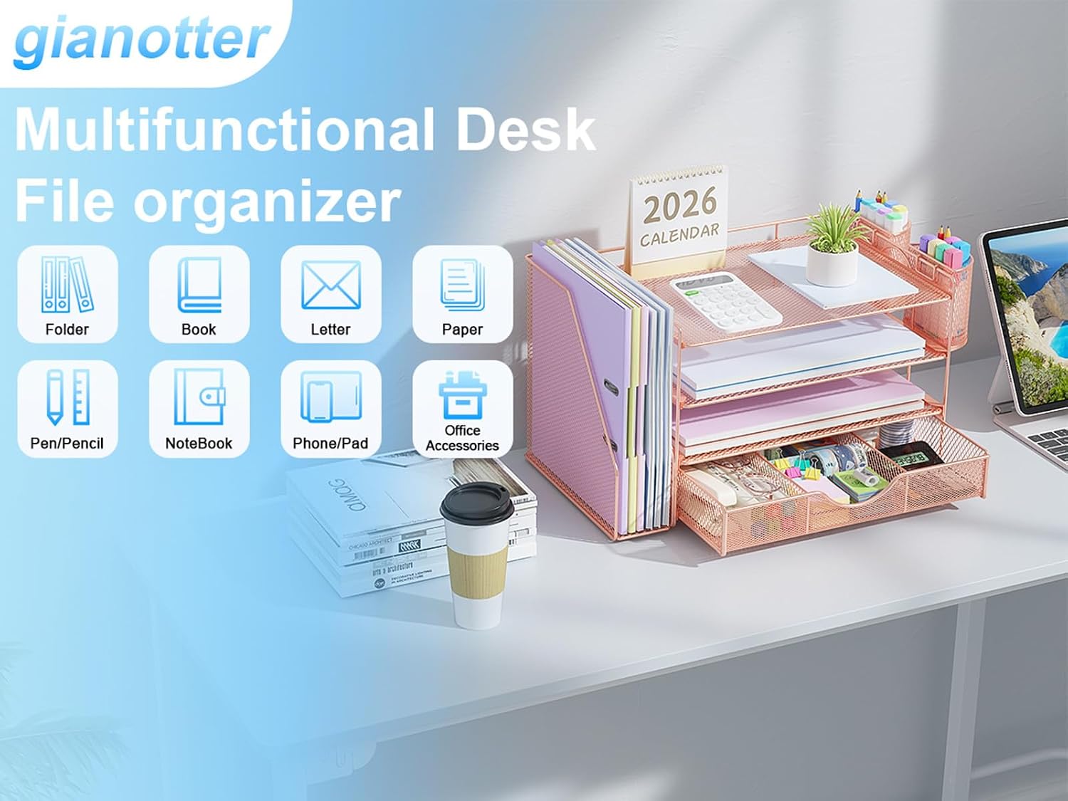 Thumbnail 3 de gianotter 4T-2 4-Tier Metal Desk Organizer with Drawer, Rose Gold