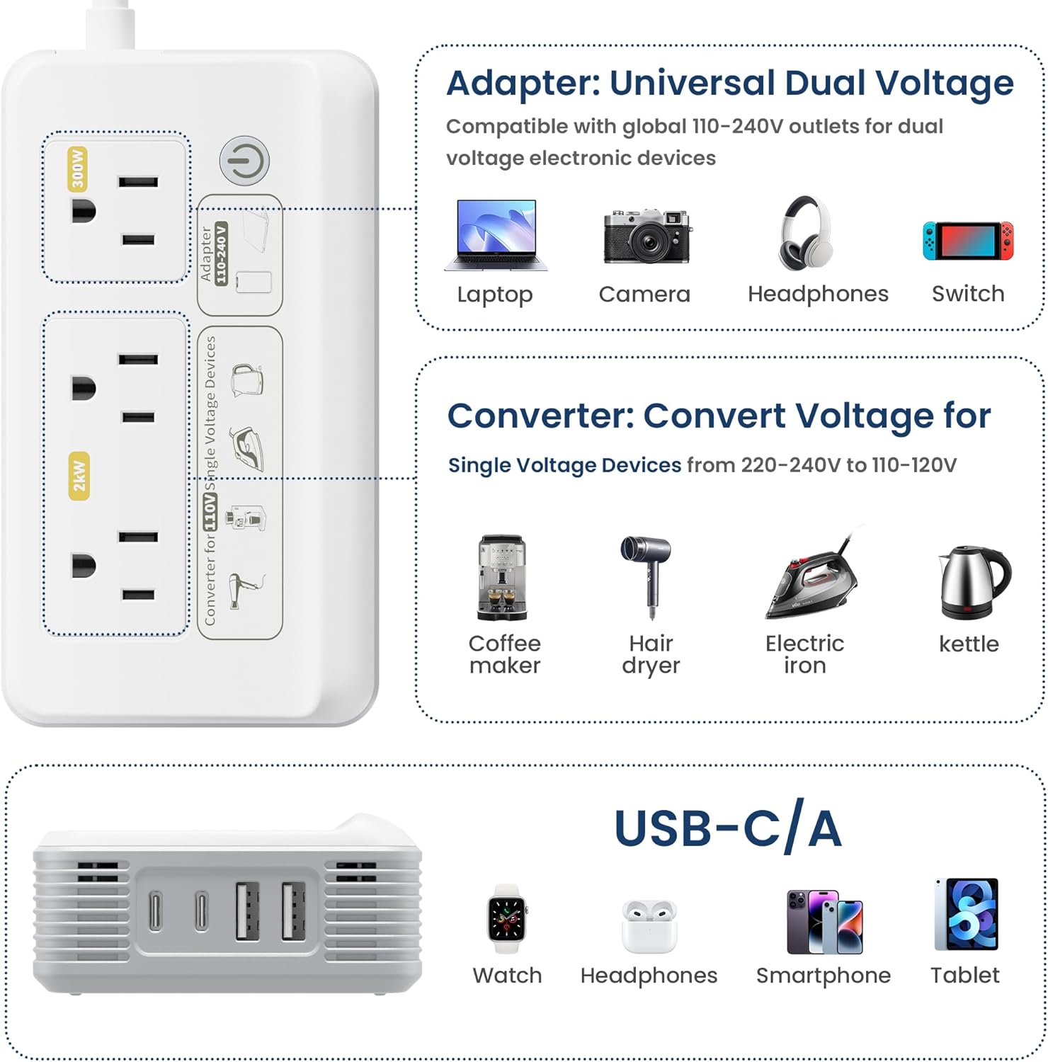Detalle 2 de Mapambo 2000W Voltage Converter US to Europe: 7-in-1 Travel Power Hub for Hair Dryers, Kettles & More