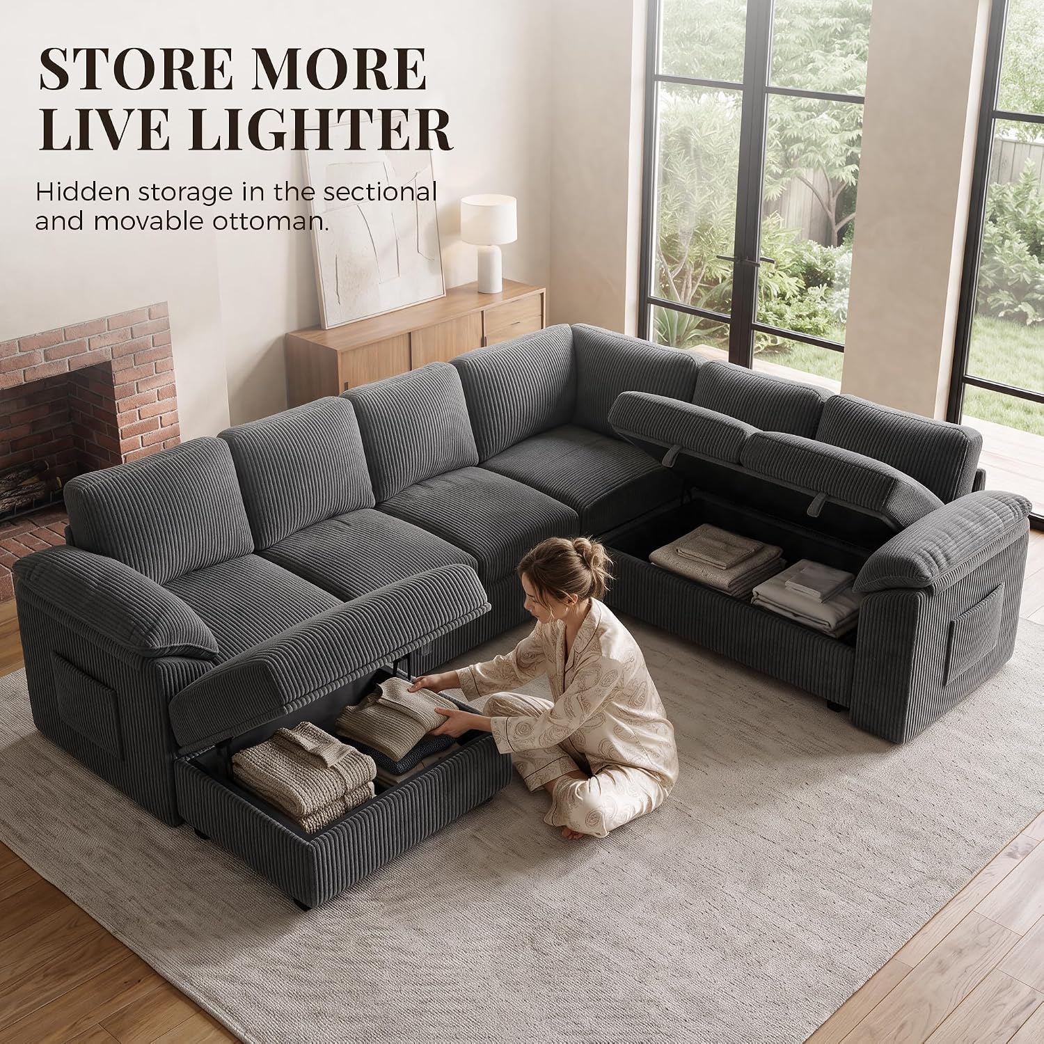 Thumbnail 3 de Dravonlab BTJ-Sleeper-Sofa Modular Sectional Sleeper Sofa, Dark Grey Corduroy