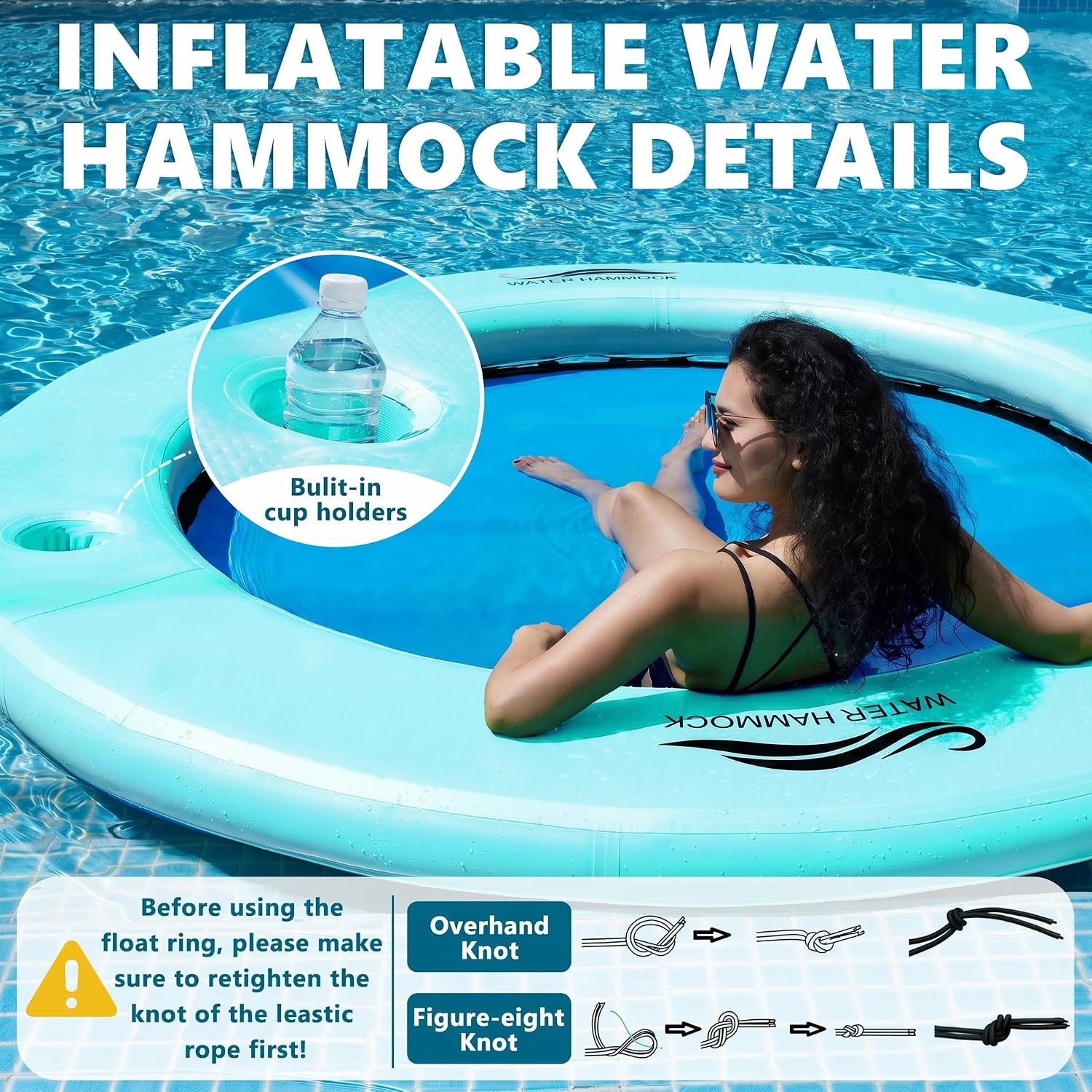 Detalle de SunChill Float Ring for Adults: Heavy-Duty Inflatable Water Hammock with Cup Holders