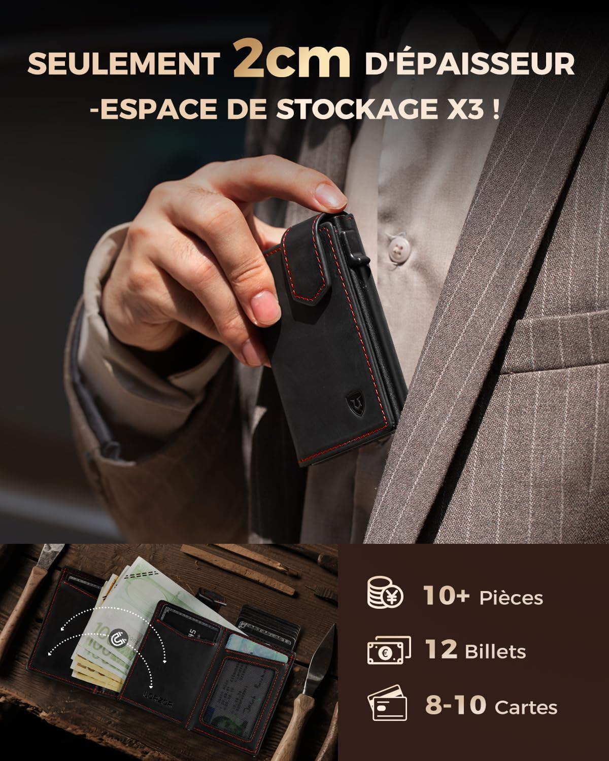 Thumbnail 4 de LORZOR Portefeuille homme XXL avec porte-monnaie, porte-cartes cuir et blocage RFID