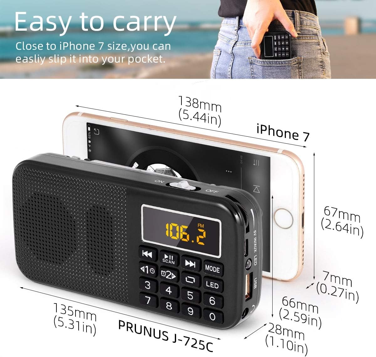 Thumbnail 1 de PRUNUS J-725 : Radio portable rechargeable avec lumière d’appoint et horloge, compacte et polyvalente