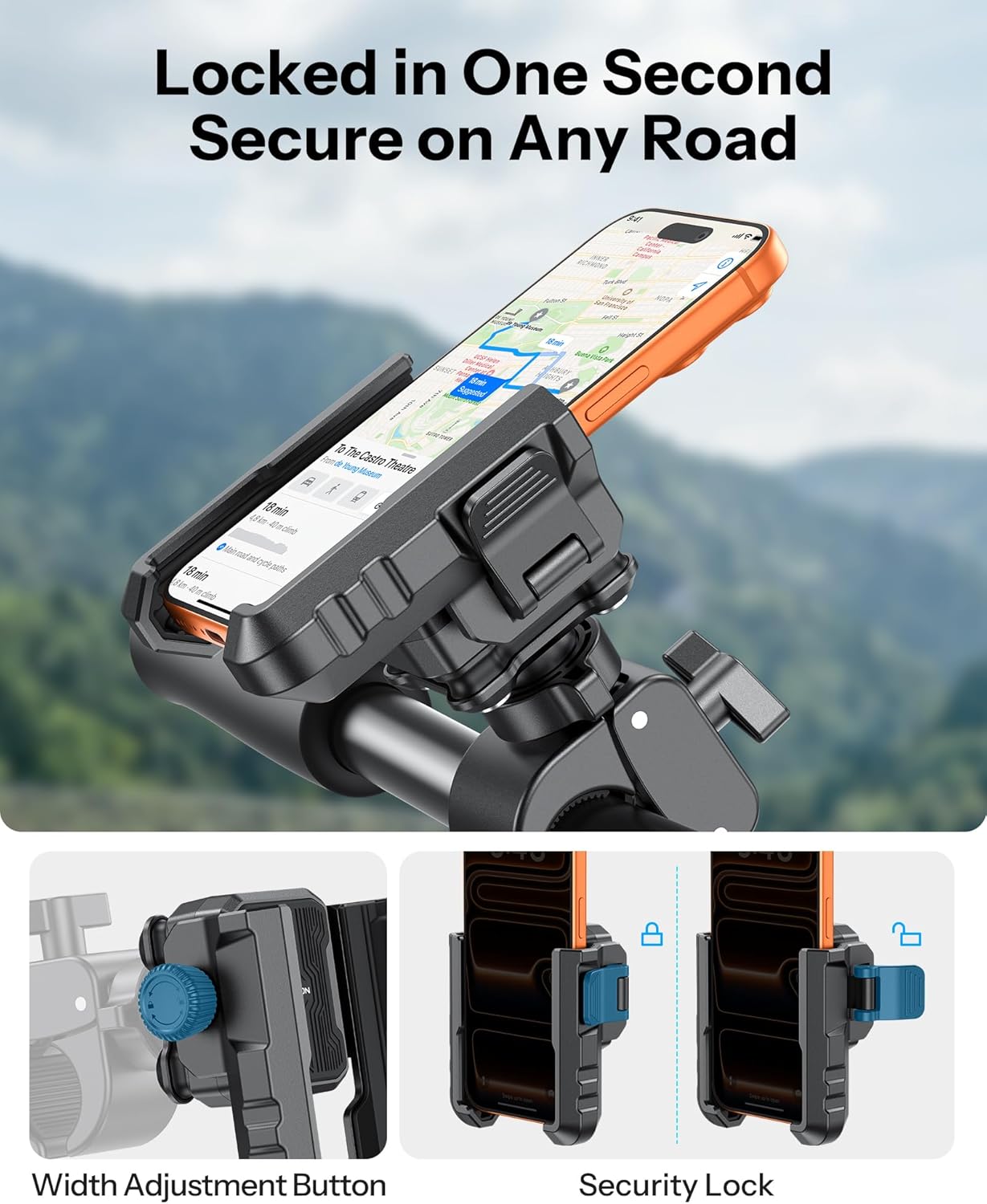Thumbnail 5 de OMOTON BK01 Anti-Vibration Bike Phone Holder for Rearview Mirror & Handlebar