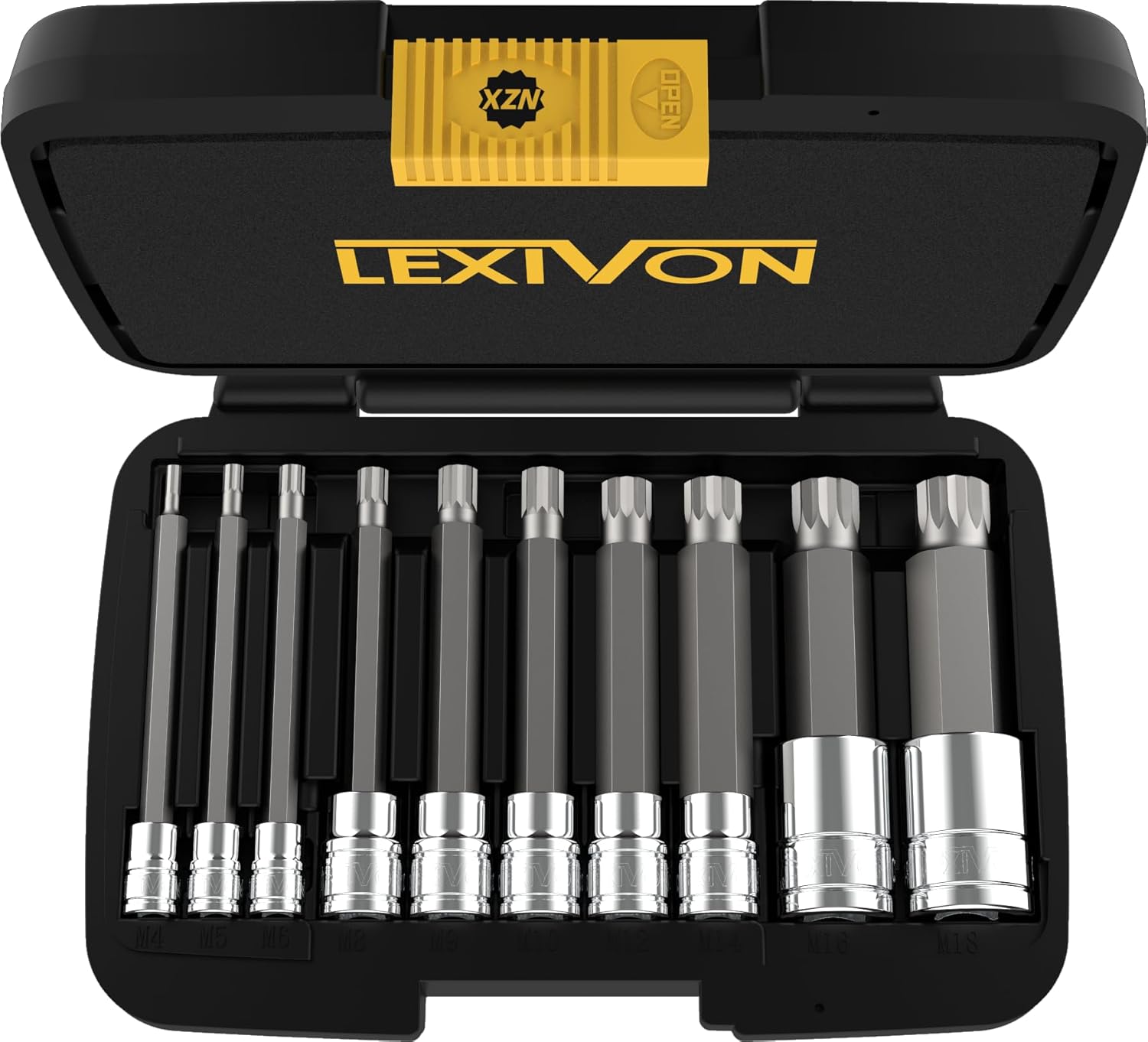 Thumbnail 1 de LEXIVON XZN Triple Square Spline Bit Socket Set (Extra Long 4-Inch) – 10-Piece M4–M18, S2 Alloy Steel, LX-145L case