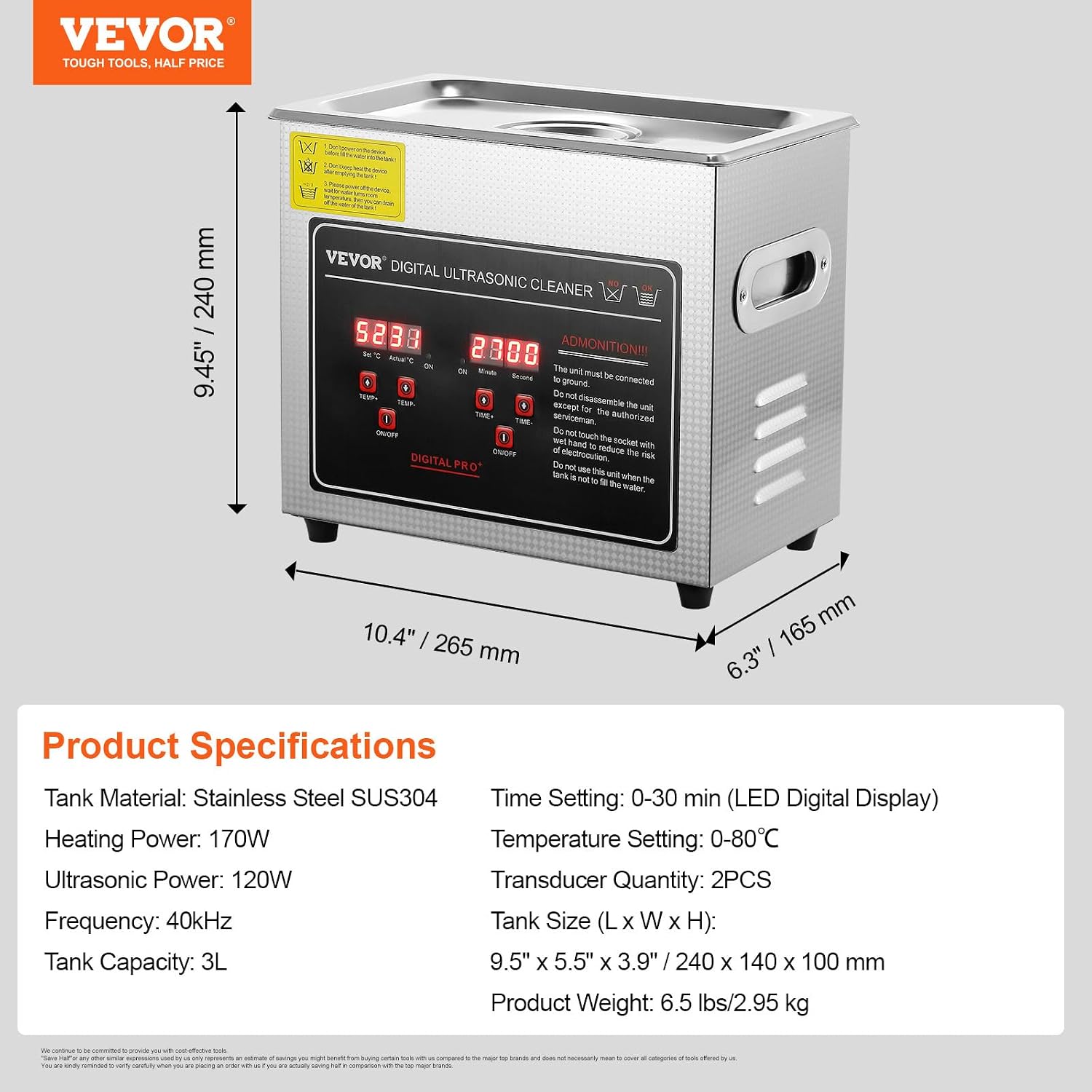 Thumbnail 6 de VEVOR 3L Ultrasonic Cleaner with 40kHz Cleaning and Heated SUS304 Tank
