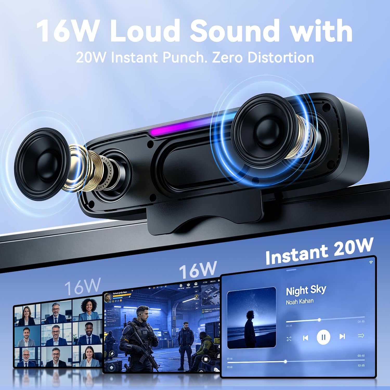Detalle 2 de OHAYO Z1 Clip-On Computer Speaker, 16W Stereo, Bluetooth 5.3 and RGB