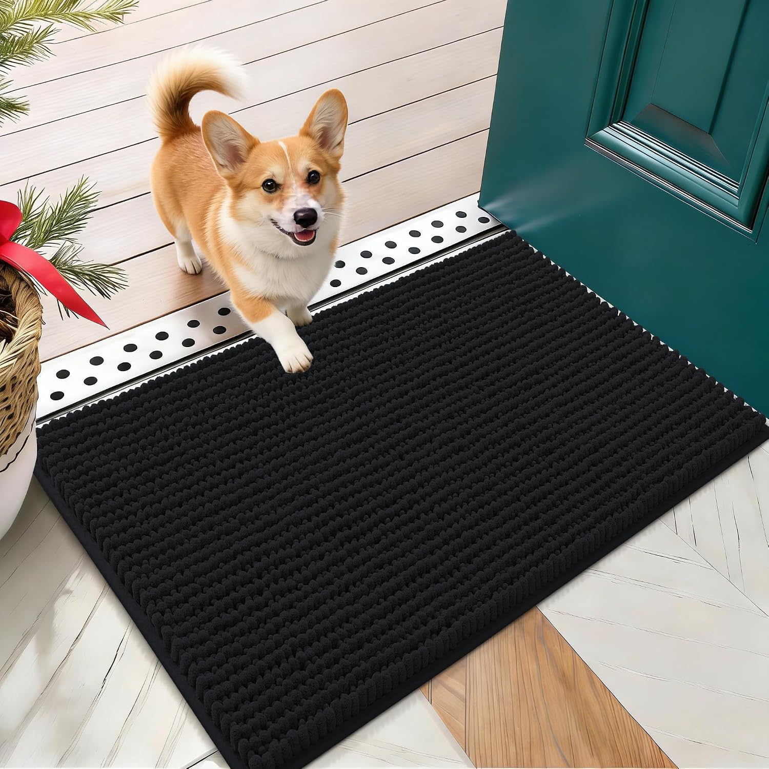 Detalle de OLANLY Chenille Dog Door Mat, 24 x 16, Black, Non-Slip and Machine Washable