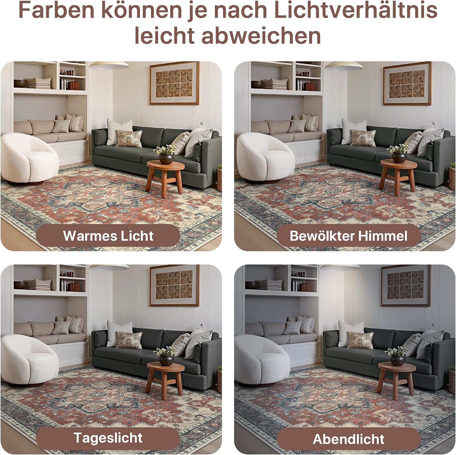 Detalle 2 de GENIMO Vintage Teppich Rund 160 cm – Waschbar, Boho/Vintage, rutschfest, rot