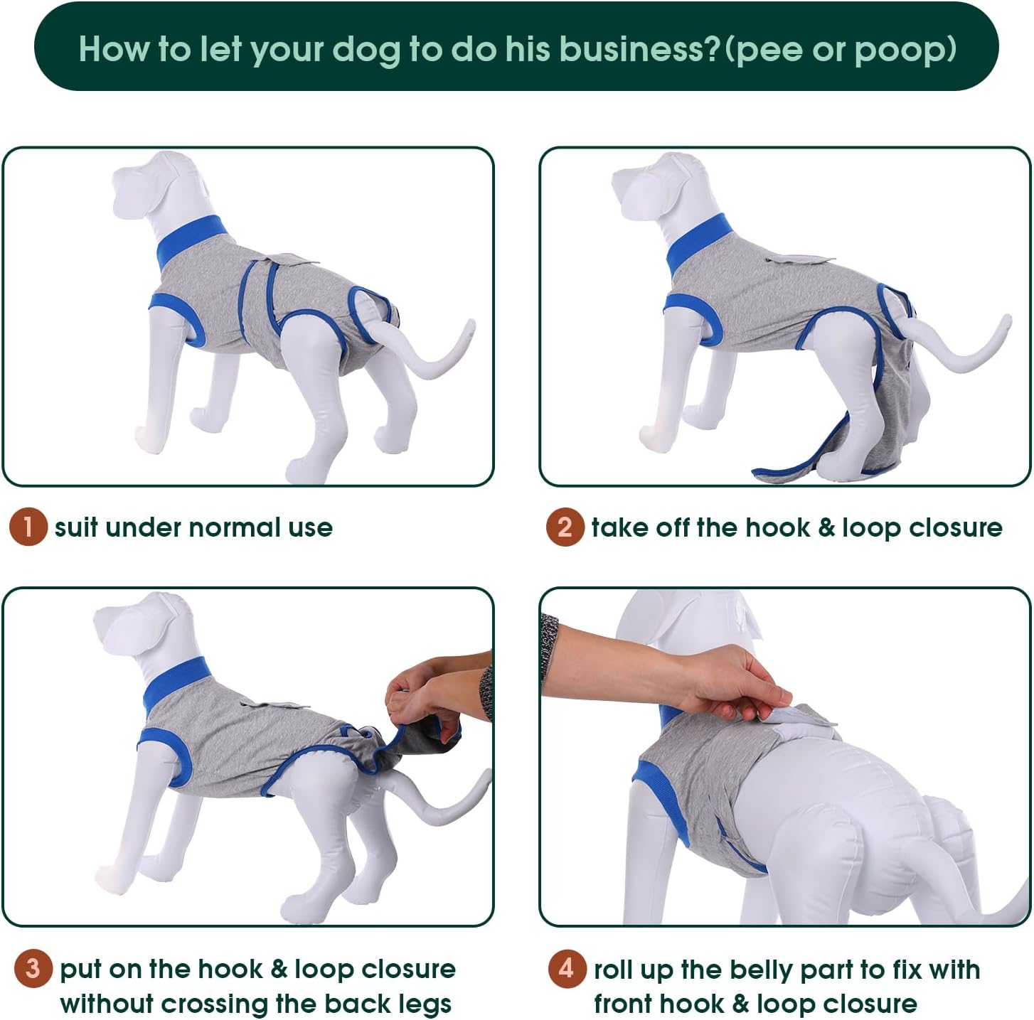 Detalle de Kuoser Dog Surgery Recovery Suit (Grey) – soft dog recovery onesie as an e-collar alternative