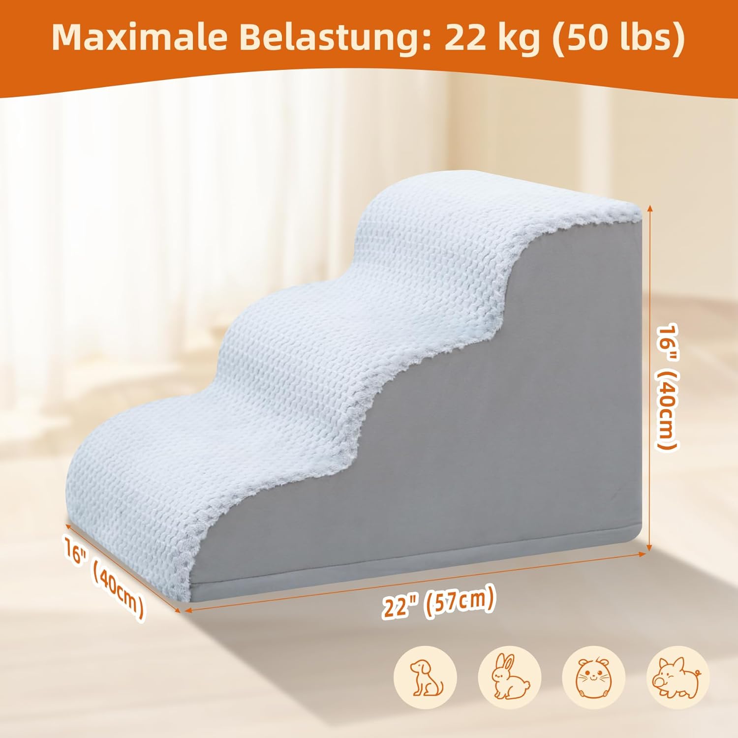 Thumbnail 2 de KSIIA Hundetreppe mit 3 Stufen (40 cm hoch) – rutschfeste Basis & waschbarer Bezug, grau