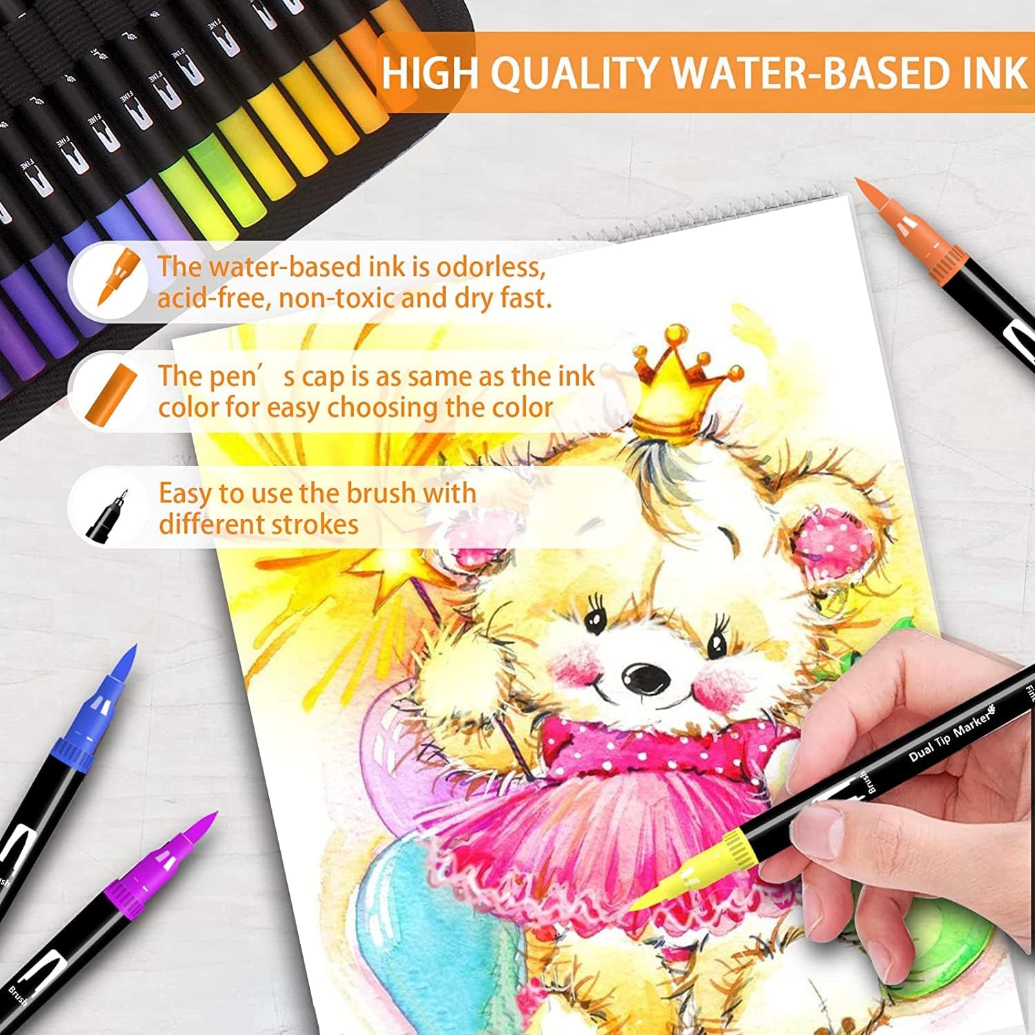 Detalle de Lyuvie 60 Colouring Pens: Dual Tip Brush Markers for Adults in a Handy Case