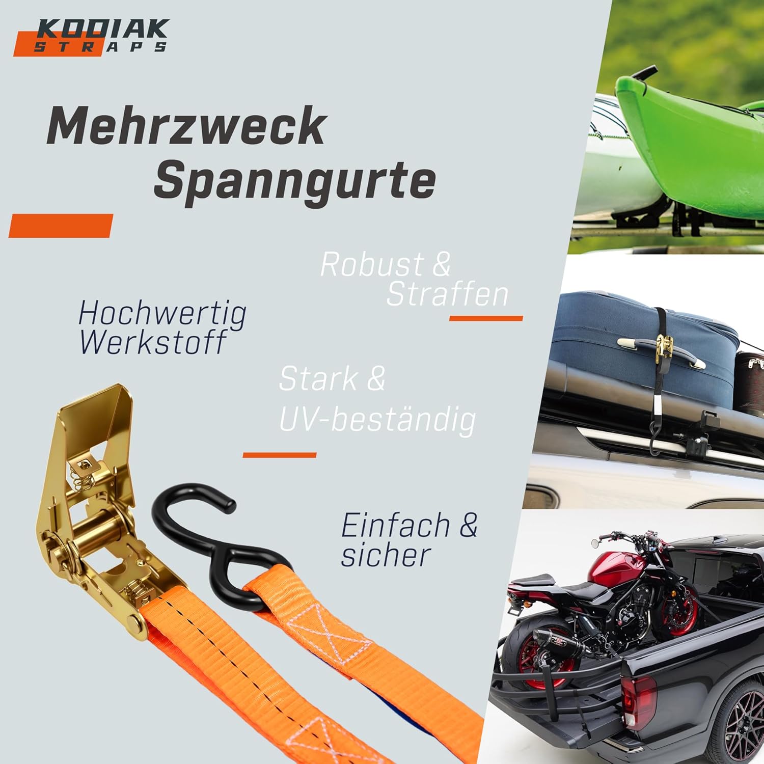 Thumbnail 5 de KODIAK STRAPS 10x Spanngurte 4 m x 800 kg mit Ratsche und S-Haken (25 mm) – TÜV/GS nach DIN EN 12195-2