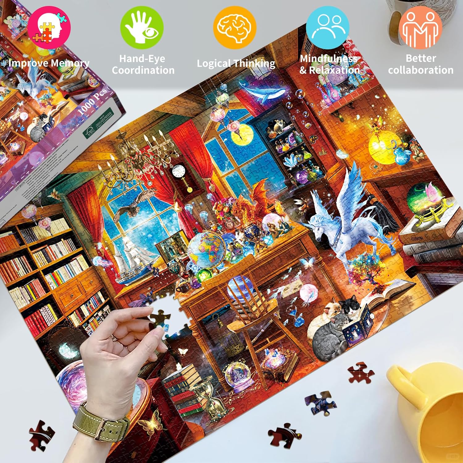 Detalle de HUADADA 1000-Piece Jigsaw Puzzle for Adults: Magical Wizard Study
