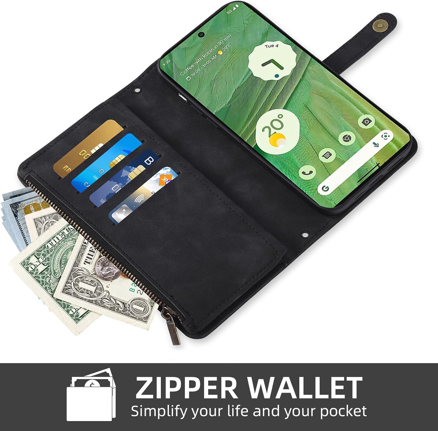 Thumbnail 5 de Asuwish Klapphülle für Google Pixel 7 – Leder Wallet mit Kartenfächern, Reißverschluss, Ständer und Schutzfolie
