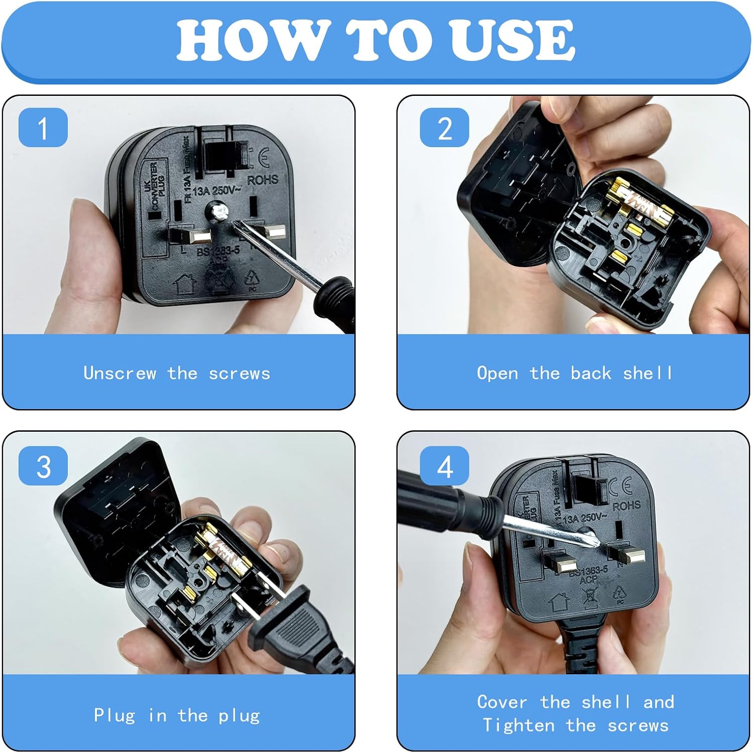 Detalle de US to UK Plug Adapter with Screwdriver (13A) – Safe Fuse UK Converter for Type A USA/China/Japan to UK