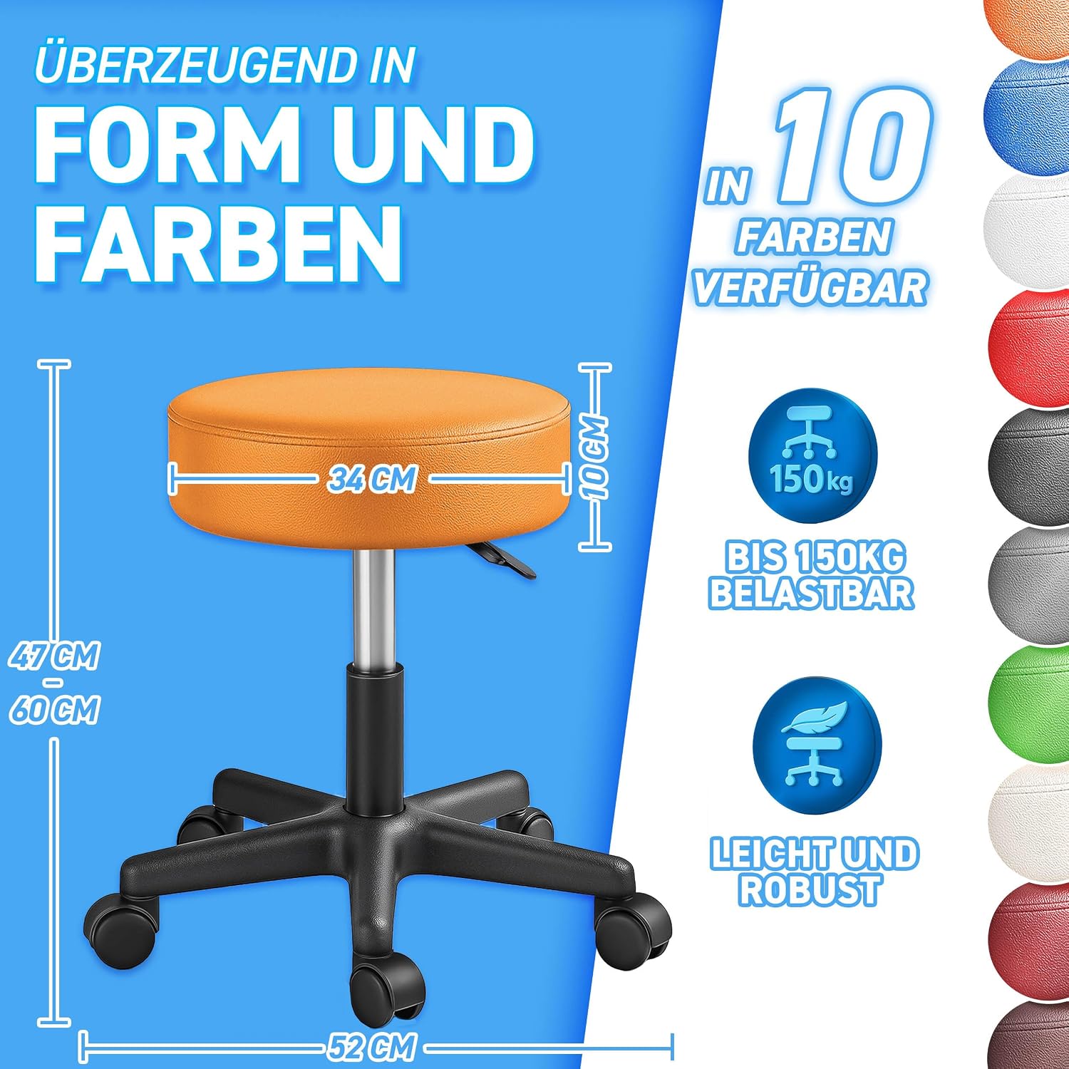 Detalle de TRESKO Rollhocker höhenverstellbar Orange – 360° Drehhocker, bis 150 kg