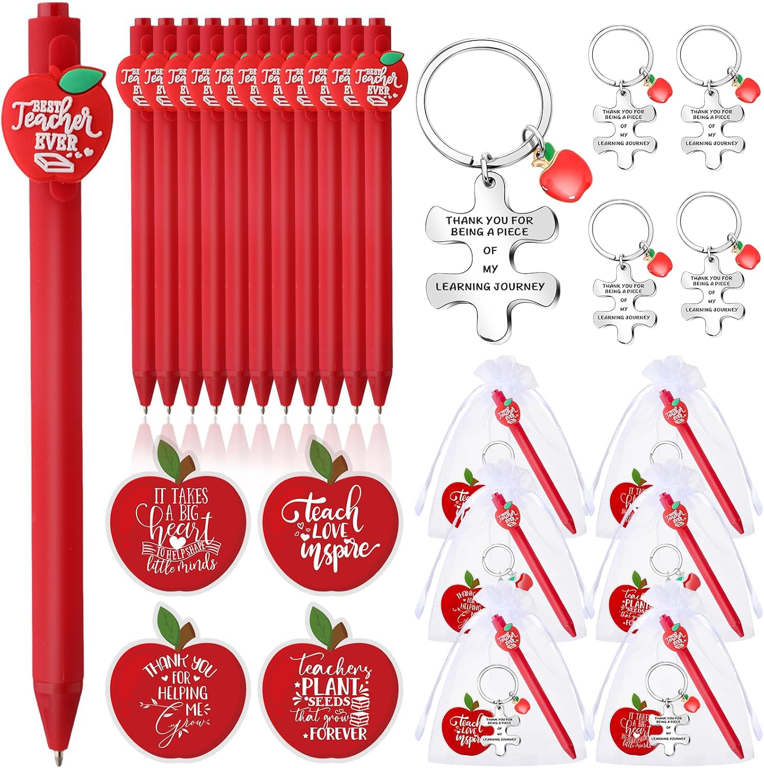 Detalle de Johiux 12 Sets Thank You Gifts for Teachers: Apple Themed Keychains, Pens & Cards in Organza Bags