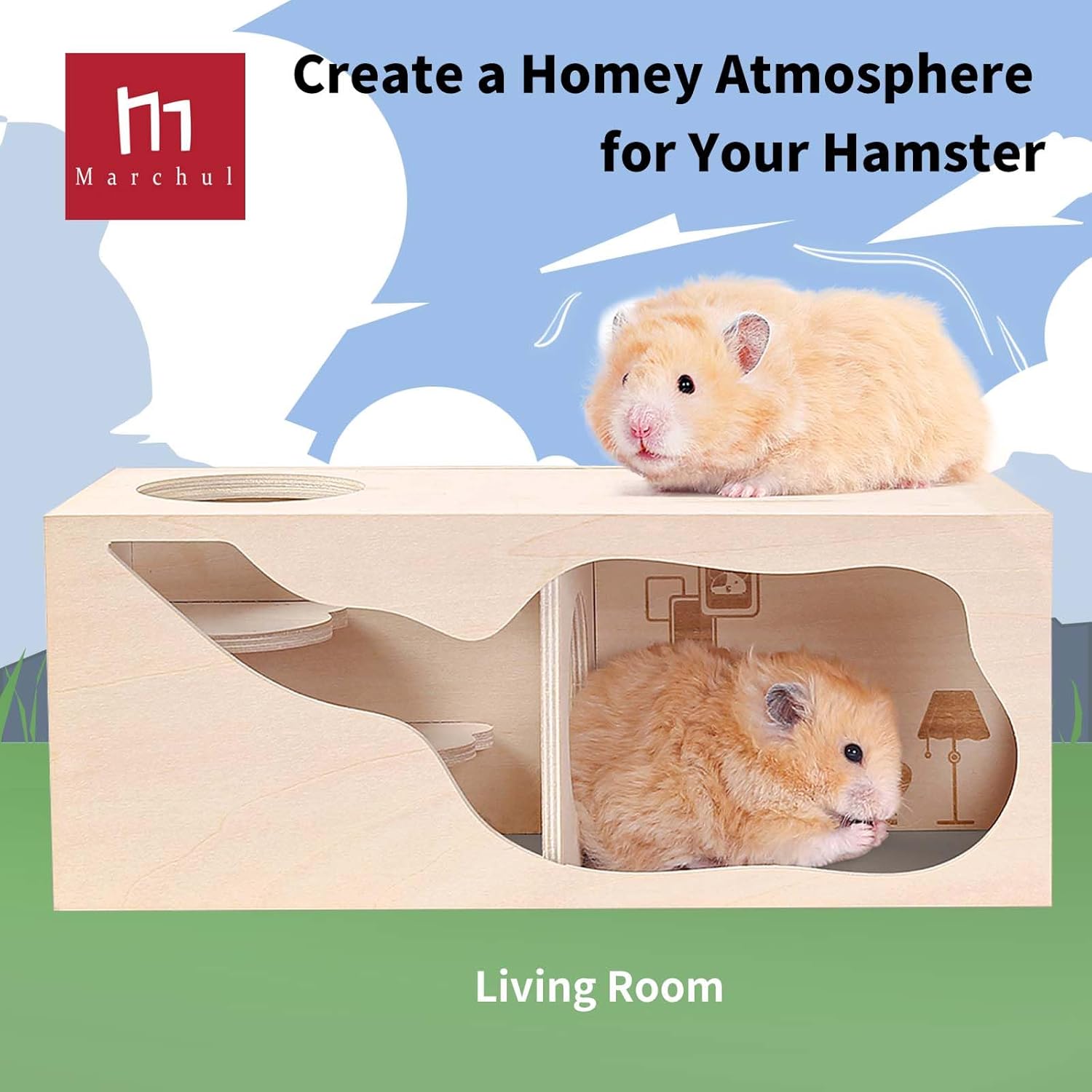 Detalle 2 de Marchul Hamsterversteck aus Holzhaus mit Kammer & Tunnel – modulares Magnet-Spielzeug für Kleintiere (Wohnzimmer)