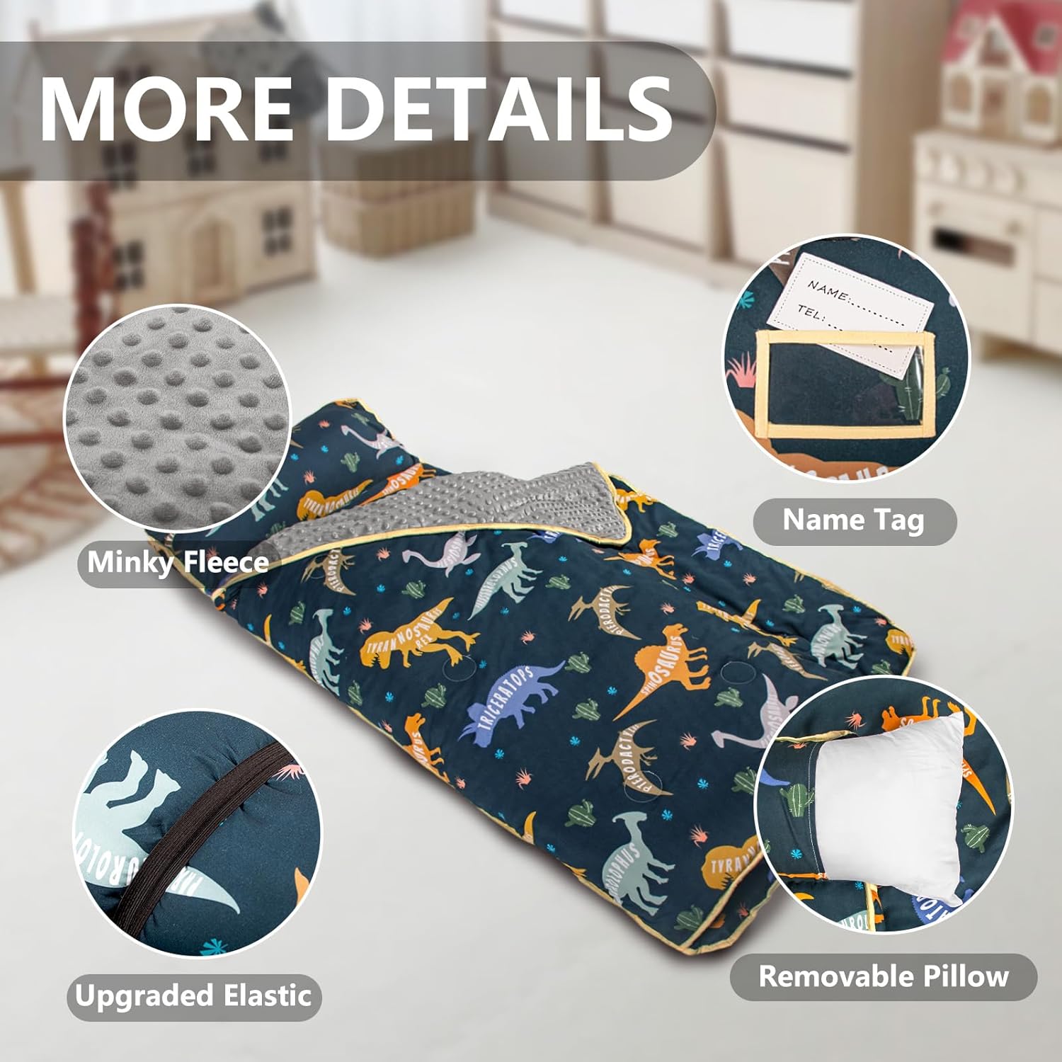 Thumbnail 4 de Primlect Thickened Toddler Nap Mat with Removable Pillow and Minky Blanket (55''x35''), Washable Roll-Up Sleeping Bag for Daycare