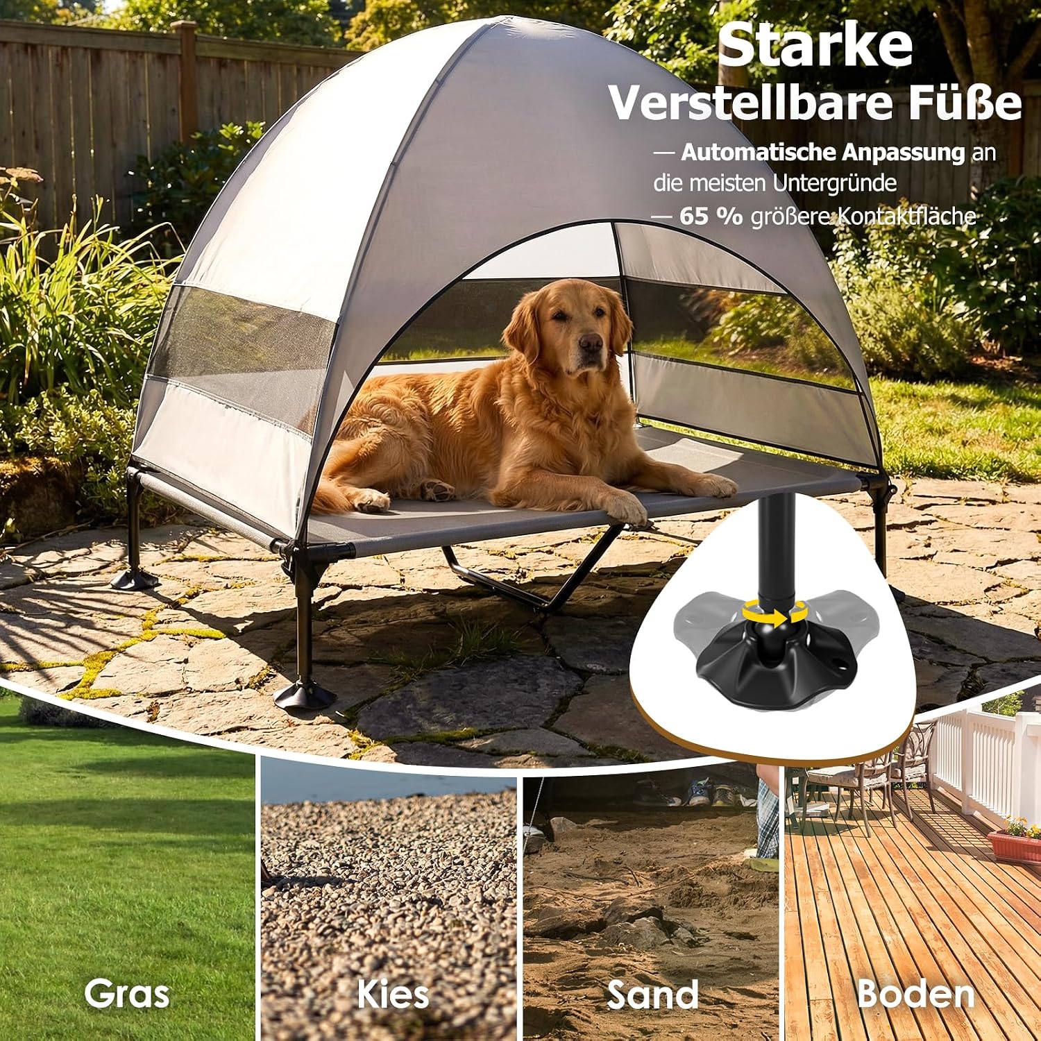 Detalle de Erhöhtes Outdoor-Hundebett mit UV-beständigem Dach | XL Grau – einfaches Aufstellen, kühler Schattenplatz für Camping, Garten und Pool