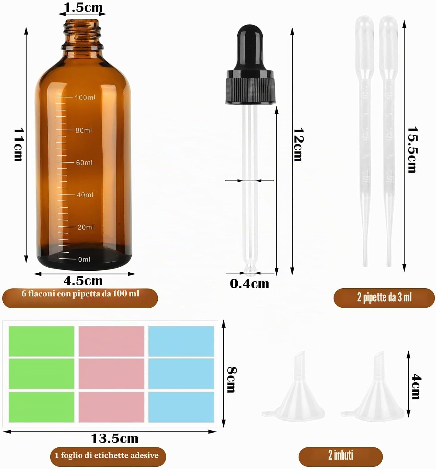 Detalle de GROFIS 6 Contagocce in Vetro Ambra da 100 ml con Imbuti, Pipette e Adesivo — Set Riutilizzabile per Oli Essenziali e Soluzioni
