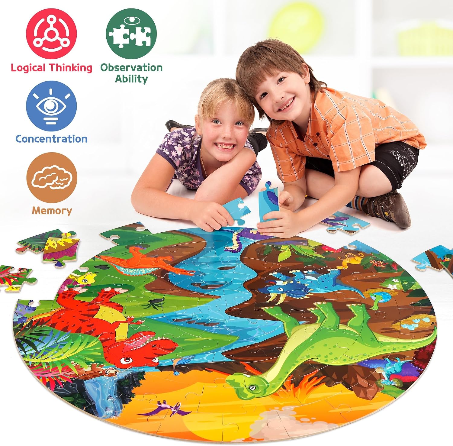 Detalle de SYNARRY SYNP061 Dinosaur Floor Puzzle, 70-Piece Round Jigsaw