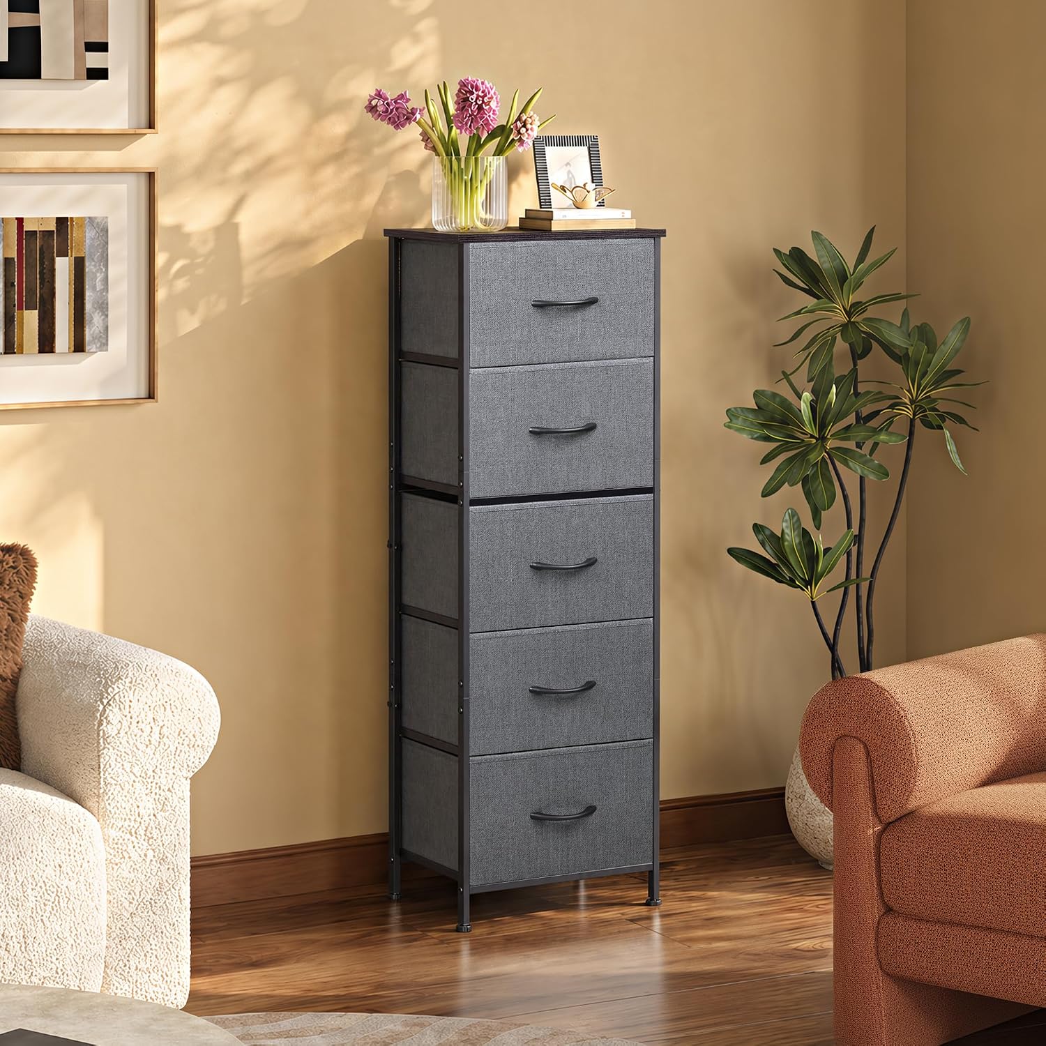 Detalle de WLIVE ASNG090HH Tall Fabric Dresser, 5 Drawers, Dark Gray