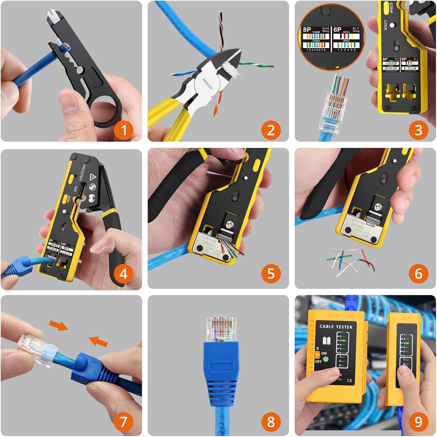 Detalle de Proster Kit pinza crimpatrice RJ45 CAT6 pass-through + spelafili + tester (50 connettori e coperture)
