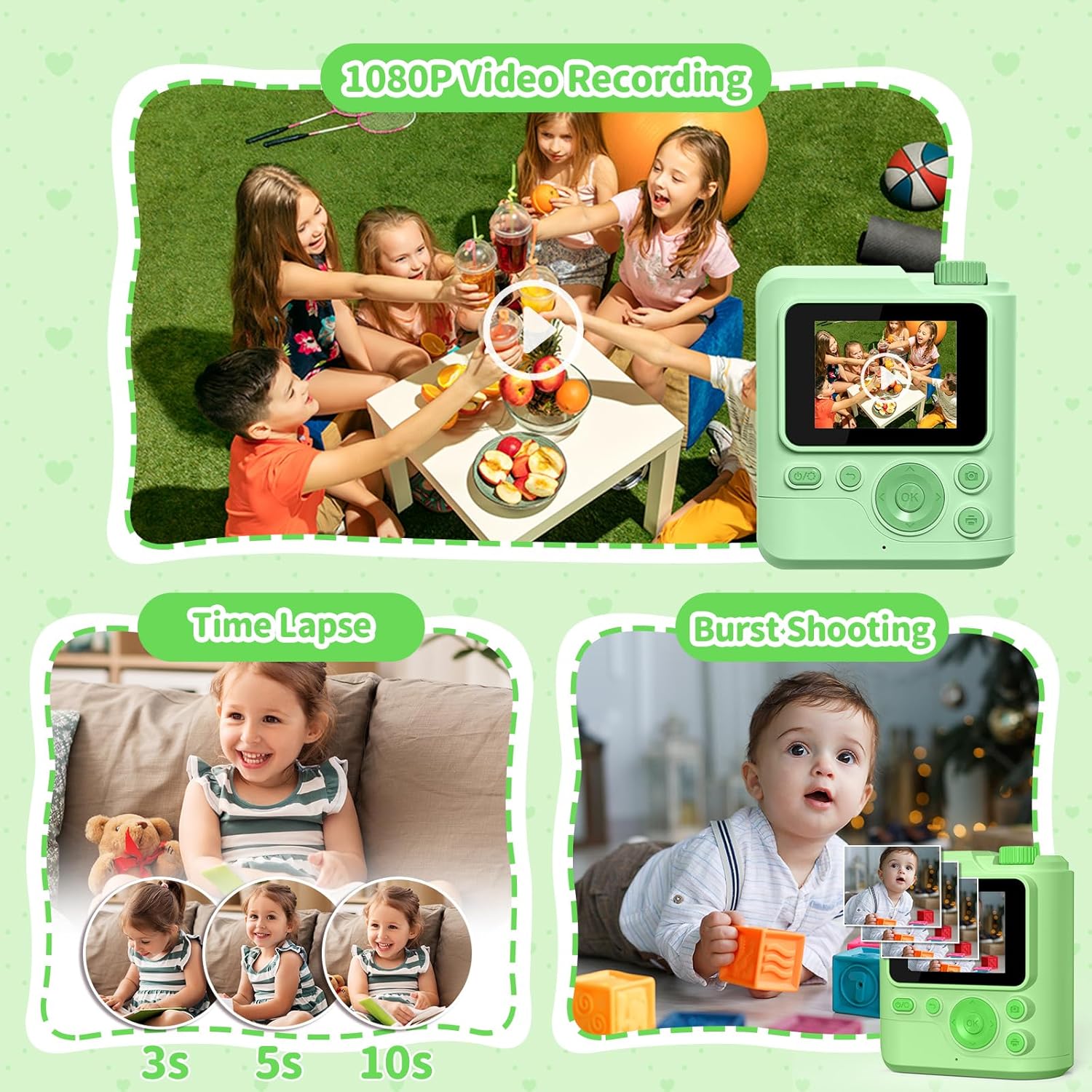Thumbnail 2 de Gofunly Kids Camera Instant Print (1080P) with 32GB card & 5 print paper rolls – Green