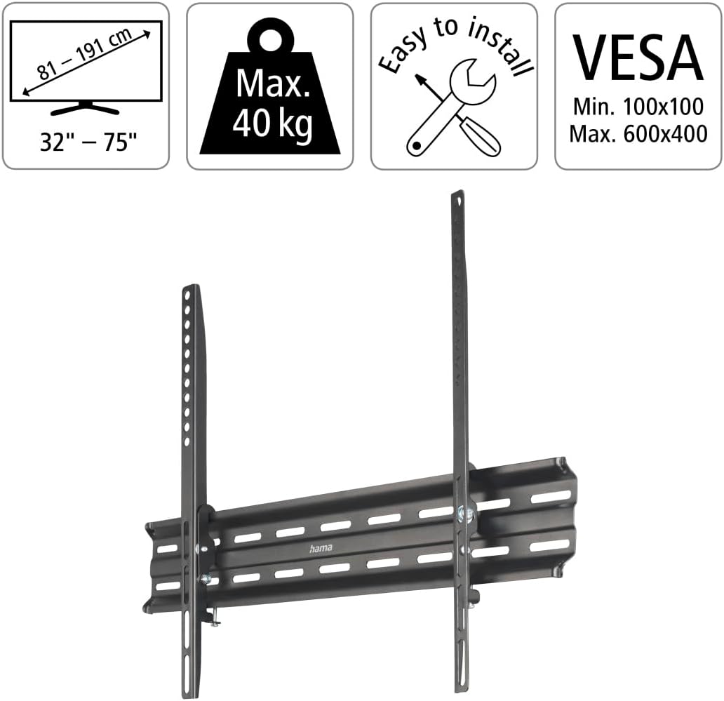 Detalle 2 de Hama neigbare TV-Wandhalterung für 32–75 Zoll (VESA 100×100 bis 600×400, bis 40 kg), schwarz