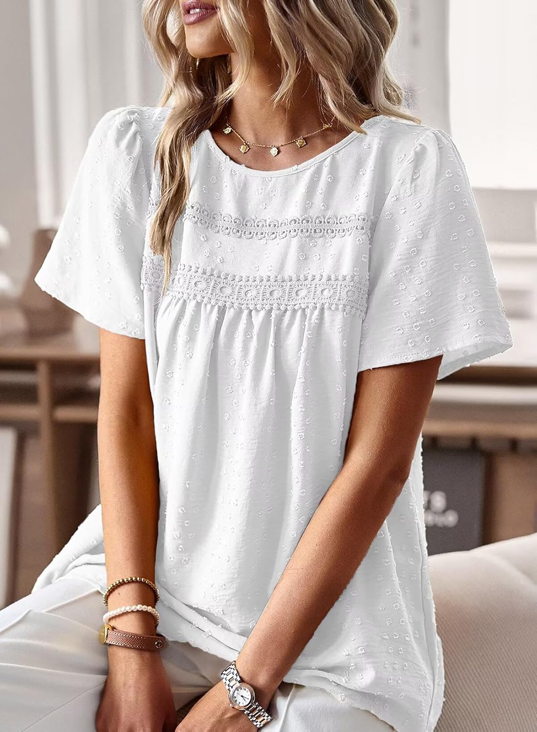 Thumbnail 1 de TUUHAW Damen Boho-Bluse mit Rundhalsausschnitt, Kurzarm und Häkelspitzen-Rändern