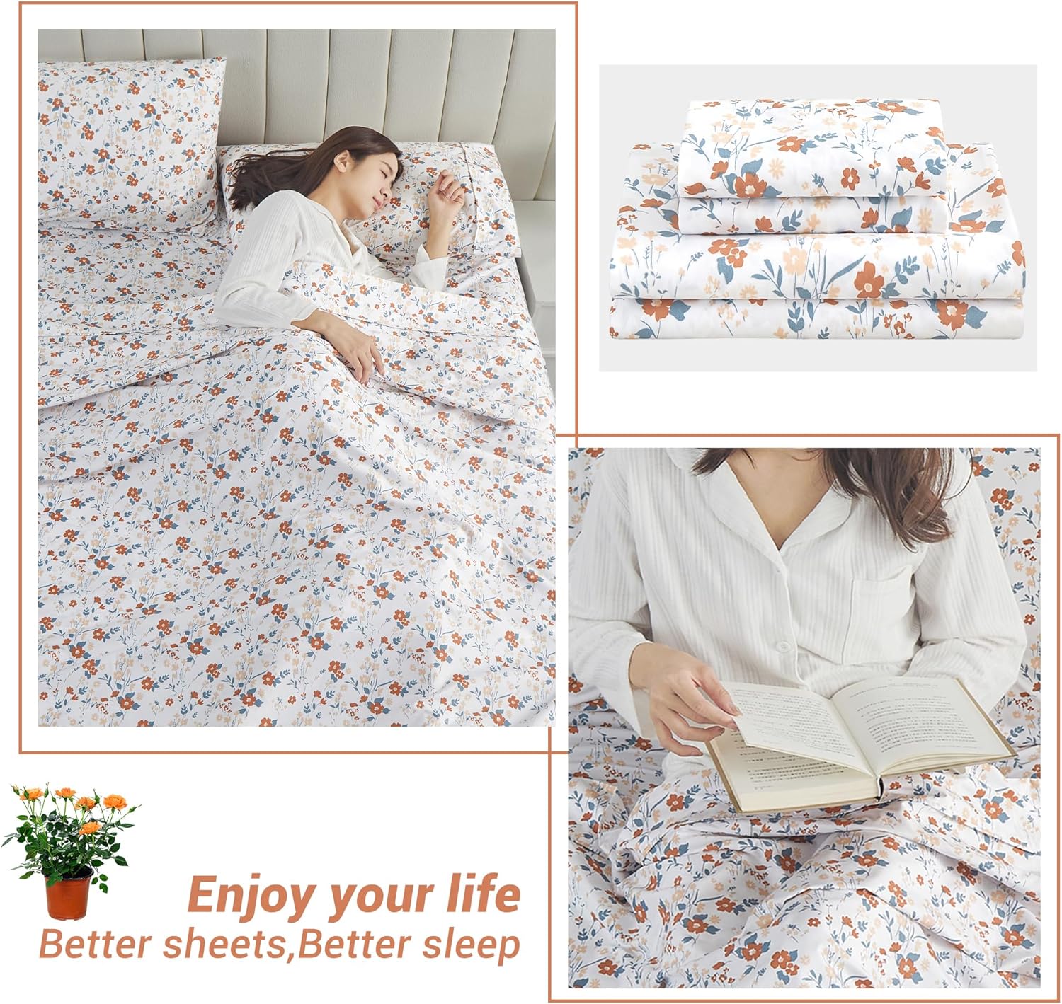 Thumbnail 6 de Softan MICSHTADFLOWER01T Twin Microfiber Sheet Set, Orange Floral, 15" Pocket