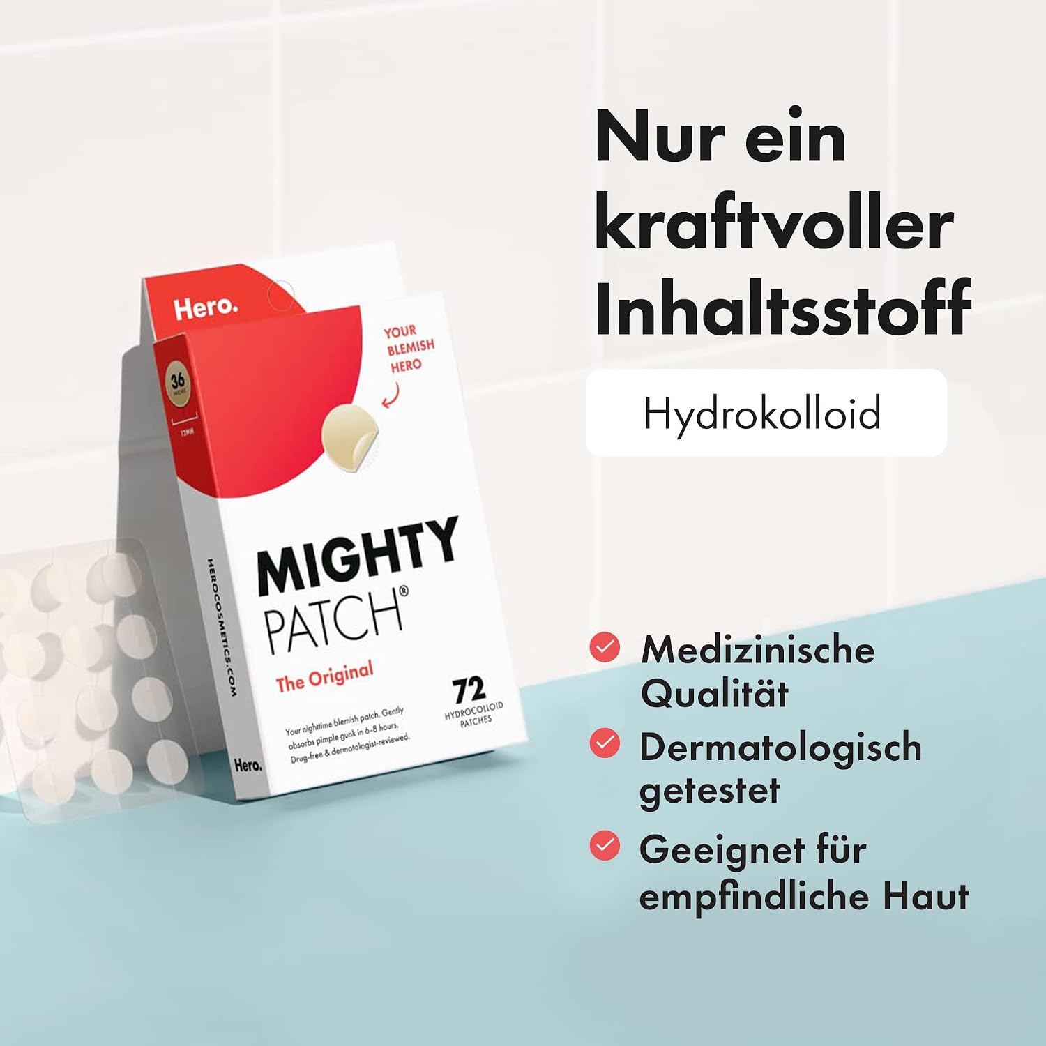 Detalle de Mighty Patch Original Pickel-Patches von Hero Cosmetics – unsichtbare Hydrokolloid-Pflaster gegen Akne (36 Stück)