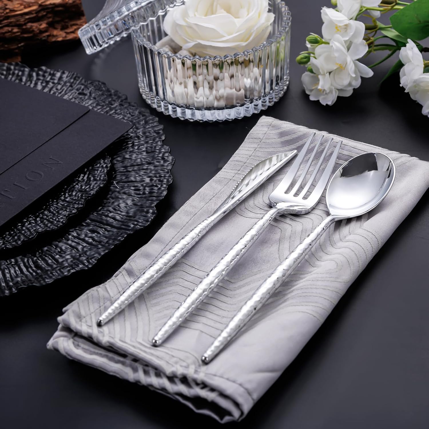 Thumbnail 6 de SUT 150PCS Silver Plastic Silverware Set with Hammered Finish