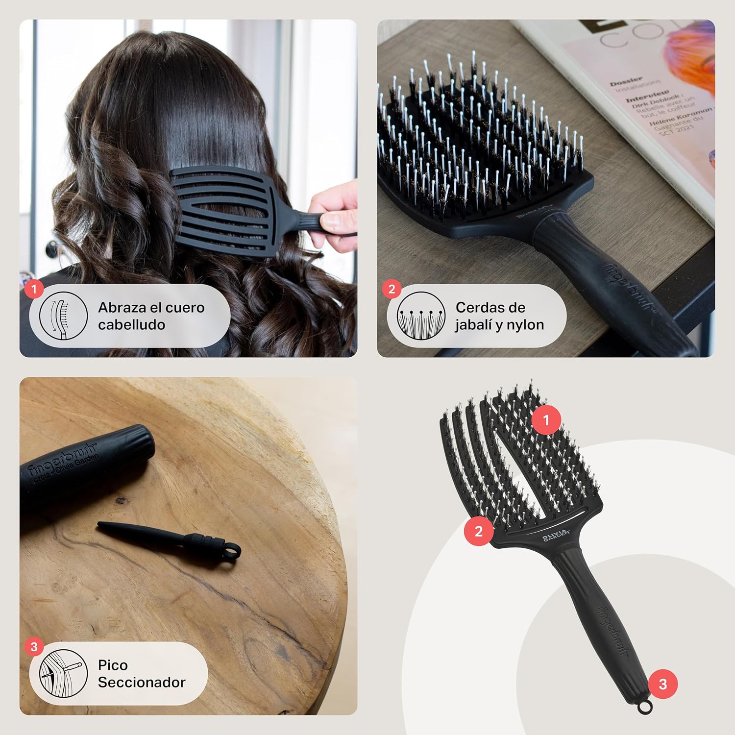 Detalle de Olivia Garden Fingerbrush Combo Large – Cepillo para cabello largo con cerdas de jabalí y nylon