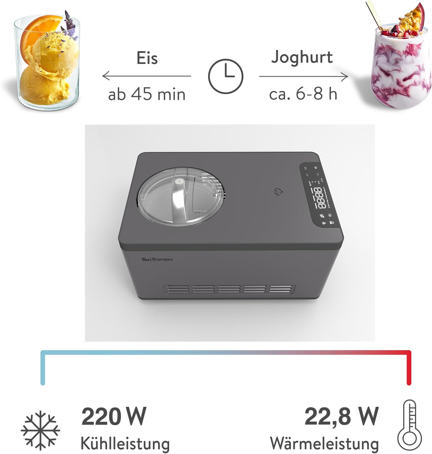 Detalle de SPRINGLANE Elisa 2,0 L: 2-in-1 Eismaschine & Joghurtbereiter mit selbstkühlendem Kompressor und Heizfunktion