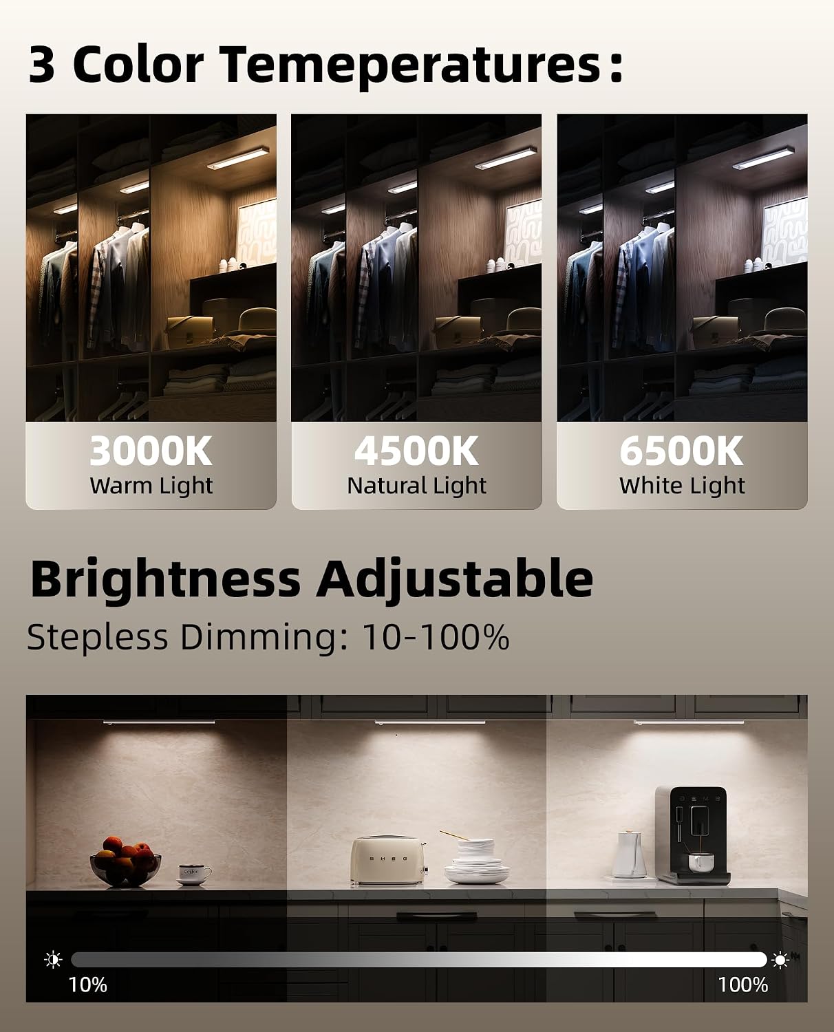Detalle 1 de AMETHEUS 74LED 16-Inch Under Cabinet Lights, Motion Sensor, 3 Color Temps