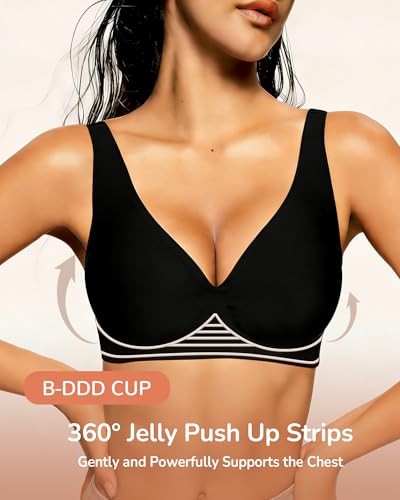 Detalle de Happriue Wireless Deep V Bra for Women, Black, Lightly Padded