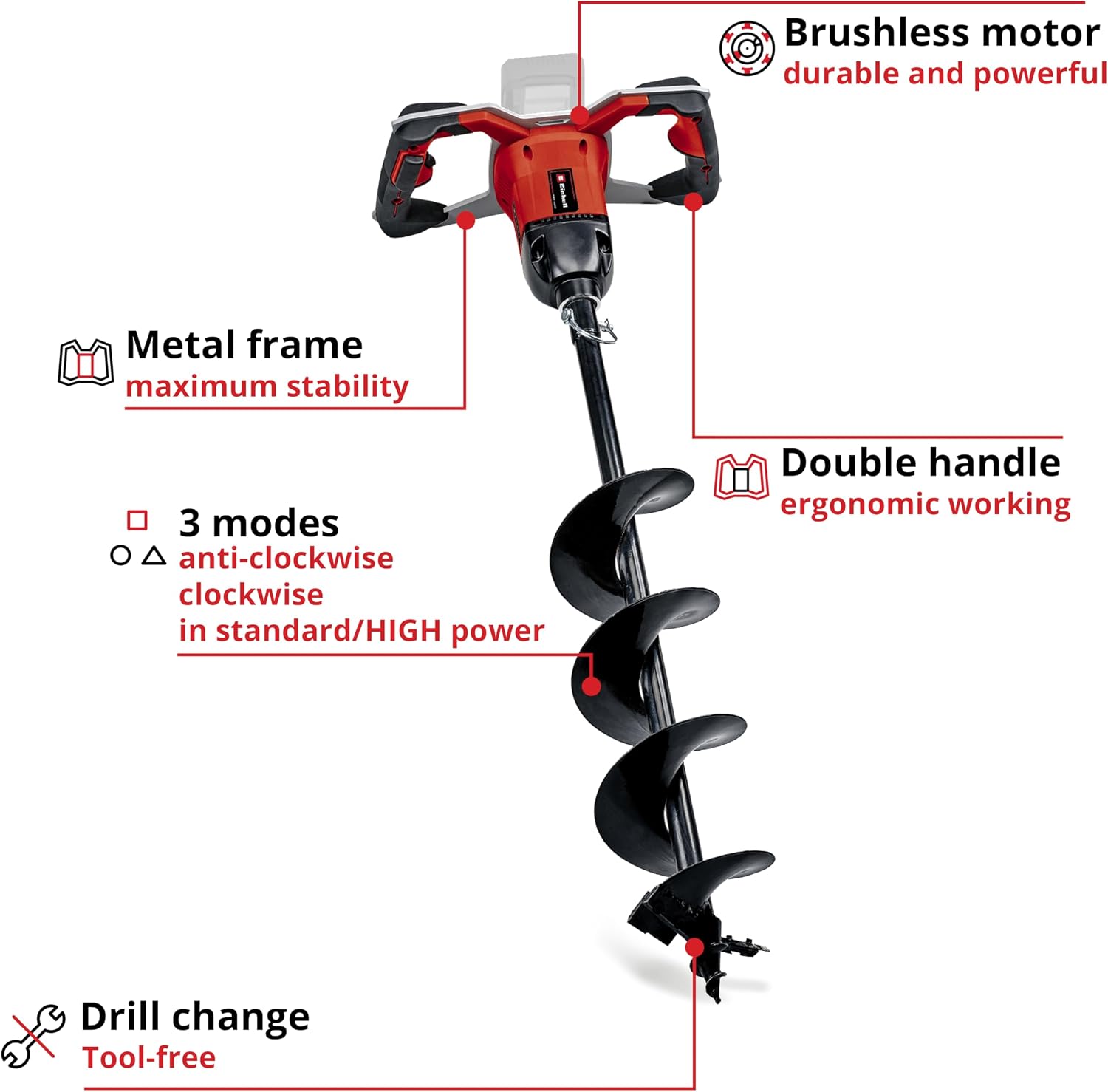 Detalle de Einhell 18V Power X-Change Cordless Fence Post Auger (150mm) – brushless post hole borer, tool body only